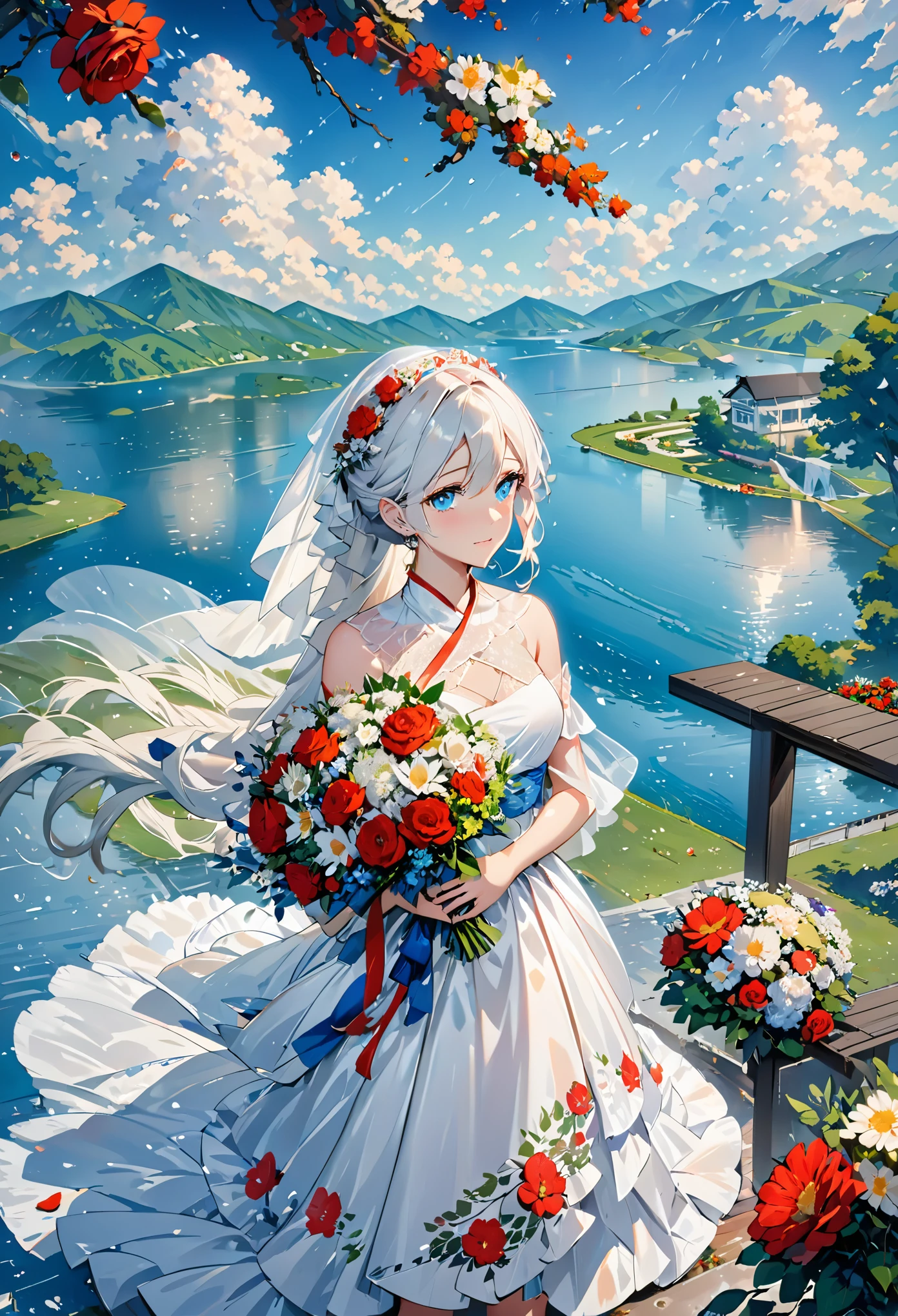 masterpiece,best quality,1girl,bare shoulders,white hair,veil,blue eyes,very long hair,crying,bouquet,cloudy,dress,flower,holding,holding bouquet,lake,looking at viewer,nature ,outdoor,red flower,rose,solo,standing,tree,water,drops,waterfall,moist sky,cloudy sky,building,raining