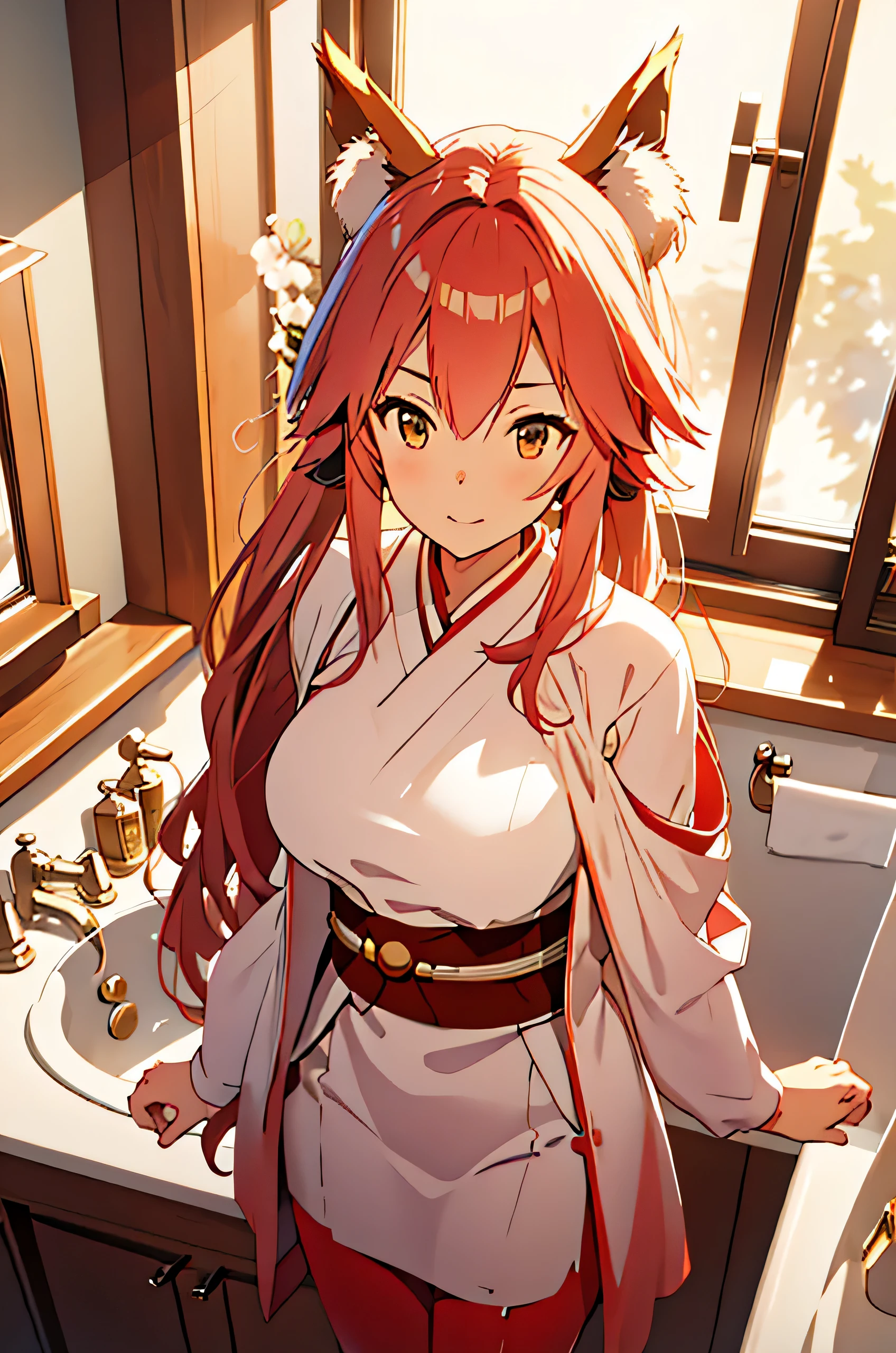 (Mejor calidad,4k,8K,high resolution,obra maestra:1.2),ultra detallado,(realista,photorealista,photo-realista:1.37), Tamamo no mae en un bathroom, de pie, fondo de pantalla, ropa miko, miko, vestido miko, Camisa blanca, Pantalones rojos, bathroom, bathroom, illustration, studio lighting, retratos, vivid colors, Calm and warm colors, soft lighting, bathroom, bathroom, de pie, trabajado duro