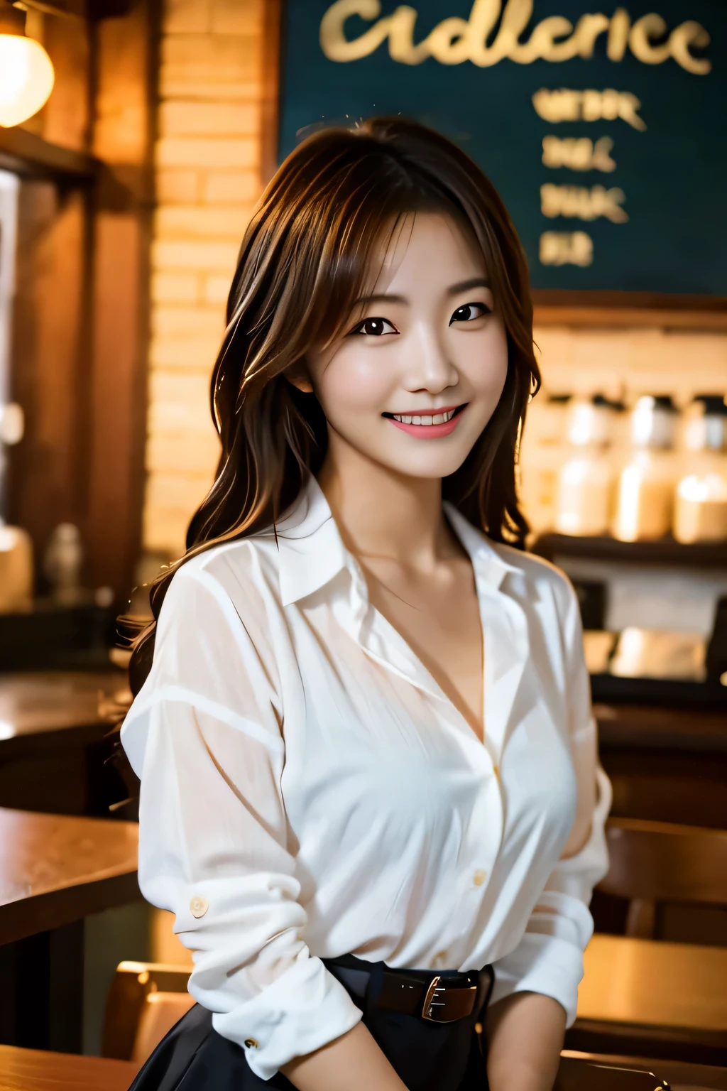 One Japanese girl, D-cup breasts, smiling, detailed face, looking at viewer, white button-up shirt, belt, black skirt, at work, depth of field, 8k, RAW photography, photorealistic , perfect light, white skin, perfect anatomy, super high resolution, coffee shop