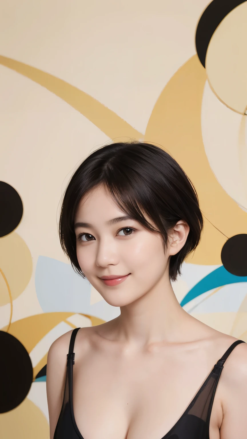 179 Short hair, 20 year old woman, gentle smile, (abstract background:1.46), (breast:1.2)