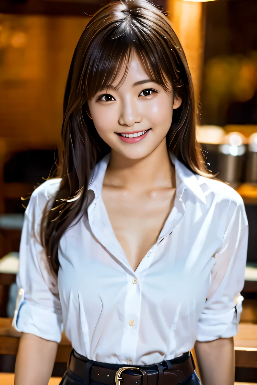 One Japanese girl, D-cup breasts, smiling, detailed face, looking at viewer, white button-up shirt, belt, black skirt, at work, depth of field, 8k, RAW photography, photorealistic , perfect light, white skin, perfect anatomy, super high resolution, coffee shop