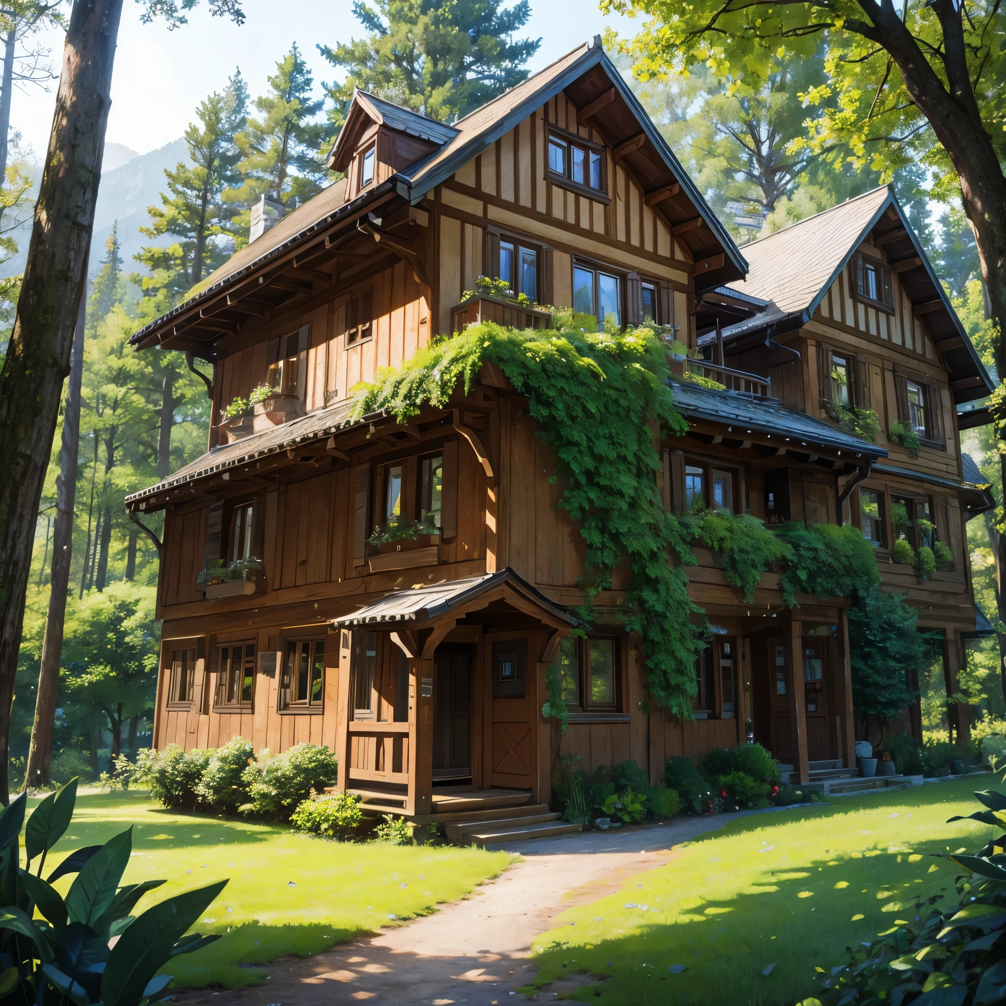 A large traditional German house in a forest, with trees around, plants falling, some rocks, sunlight between the leaves.
