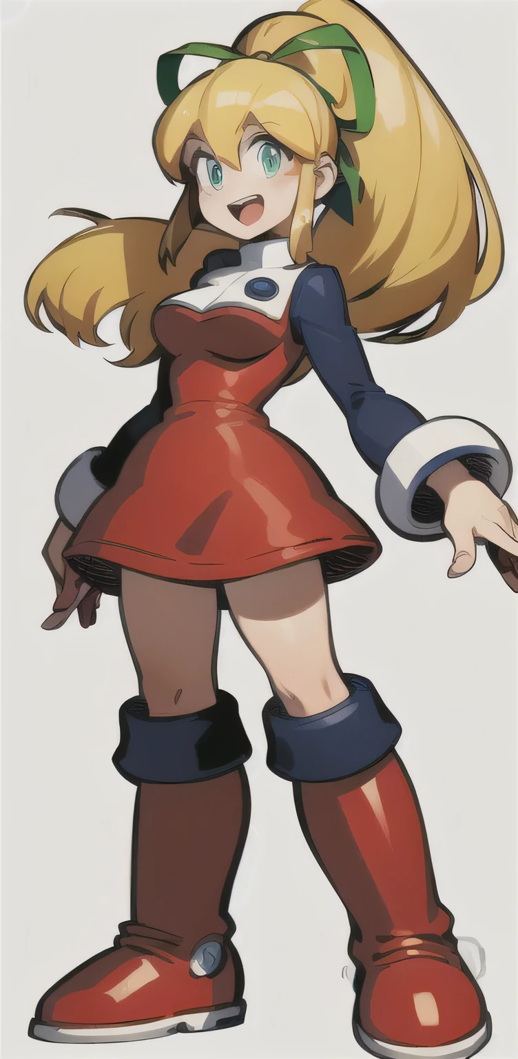 masterpiece, high quality, megamanroll, 1girl, solo, green eyes, blonde hair, ponytail, ribbon, open mouth, boots, dress, smile, long hair, knee boots, red dress, hair ribbon, red footwear, long sleeves, red skirt,giant breasts,cute smile