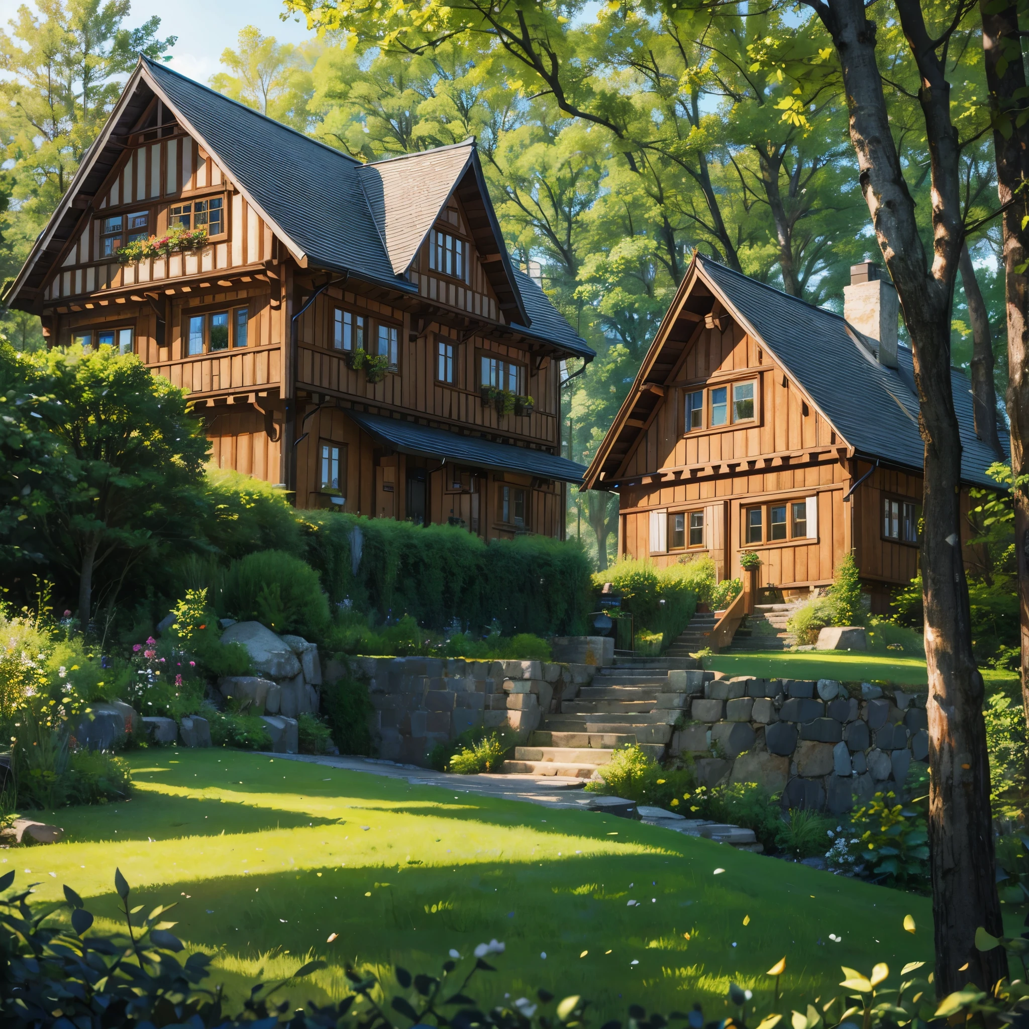 A large traditional German house in a forest, with trees around, plants falling, some rocks, sunlight between the leaves.
