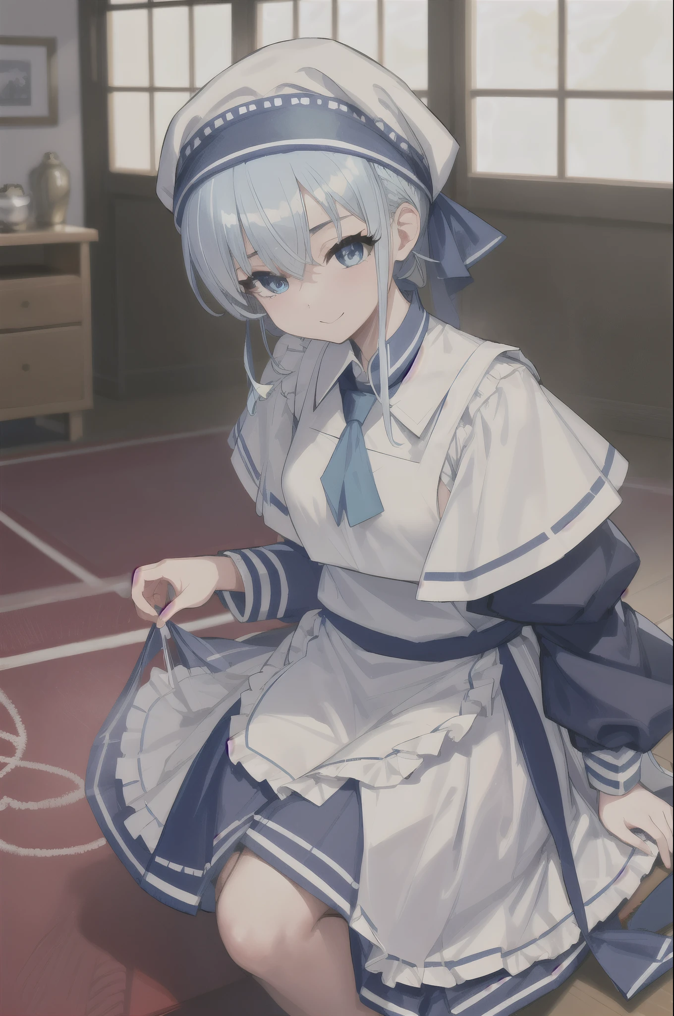 (masterpiece, highest quality:1.3), (Super detailed), {figure}, {studio light, picturesque}, [best shadow],
(Akasaka CSA), (Alpha CDE)_(Gamma CDE),
break
(perfect anatomy), (symmetrical eyes, Super detailed eyes, beautiful eyes), (sharp eyeliner, Super detailed face, beautiful face), (blue eyes),
break
1girl, alone,
break
ChougeiKC, blue seraph, blue sailor collar, white neckerchief, shawl, bandana, white waist apron,
break
looking at viewer, 斜視figure, (head and shoulders), smile, blush, (indoor, office, living room),
break
