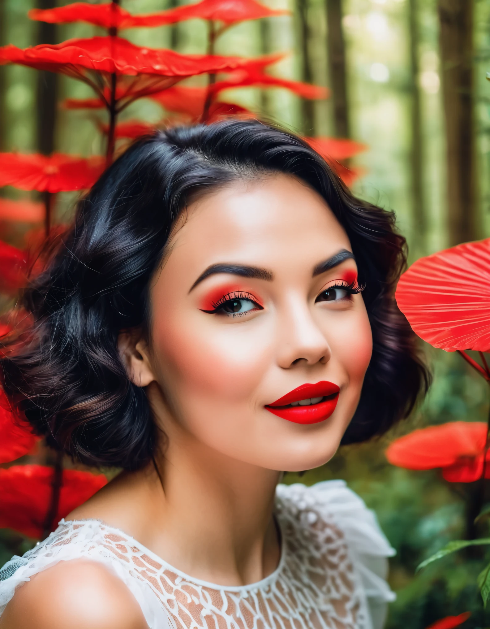 A captivating woman with a playful wink and a bold red lip, posed against a whimsical, dreamlike forest backdrop.