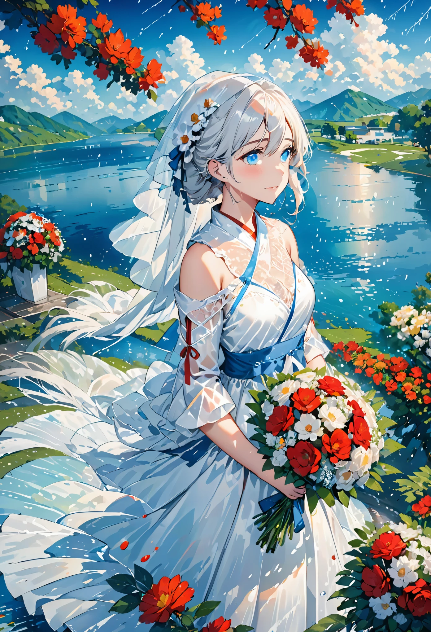 masterpiece,best quality,1girl,bare shoulders,white hair,veil,blue eyes,very long hair,(crying),bouquet,(cloudy),dress,flower,holding,holding bouquet,lake,looking looking at audience, nature, outdoors, red flower, rose, solo, standing, tree, water, water droplets, waterfall, moist sky, cloudy sky, architecture, (raining)