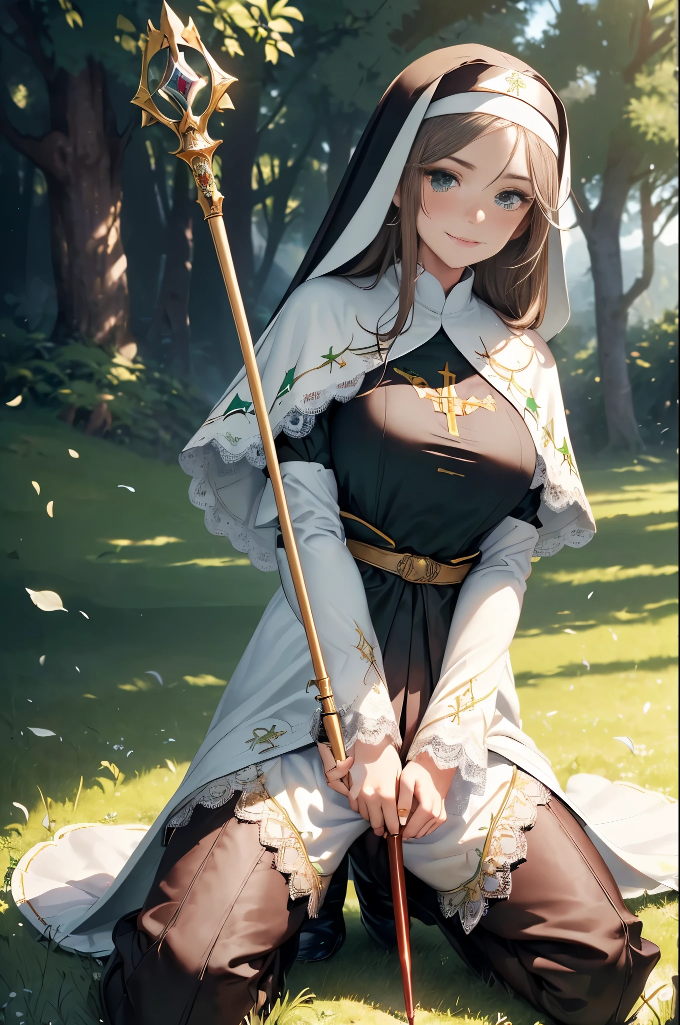 masterpiece, ultra detailed, 8k portrait, RAW photo, portrait photography, Highly detailed face, beautiful and meticulous eyes, ((Fantasy)), (((solo))), Young beautiful, (((Nun))), (((((wariza and spread legs))))), ((light blue long thin hair)), ahoge, forehead, Gentle face, (shy smile and blush), White skin, (((armpit))), (((green and white puffy sleeve lace priest robes))), ((brown cape)) Fluttering in the wind, (((lowleg kneel length pants))), Leather boots, ((((holding a magic wand)))), Midday Sun, Hyper realistic, Body model, medium breasts, Beautiful breasts, Long legs, in the medieval field, Ambient lighting, Shadow details, Camera focus on face, strong breeze, Light fog,