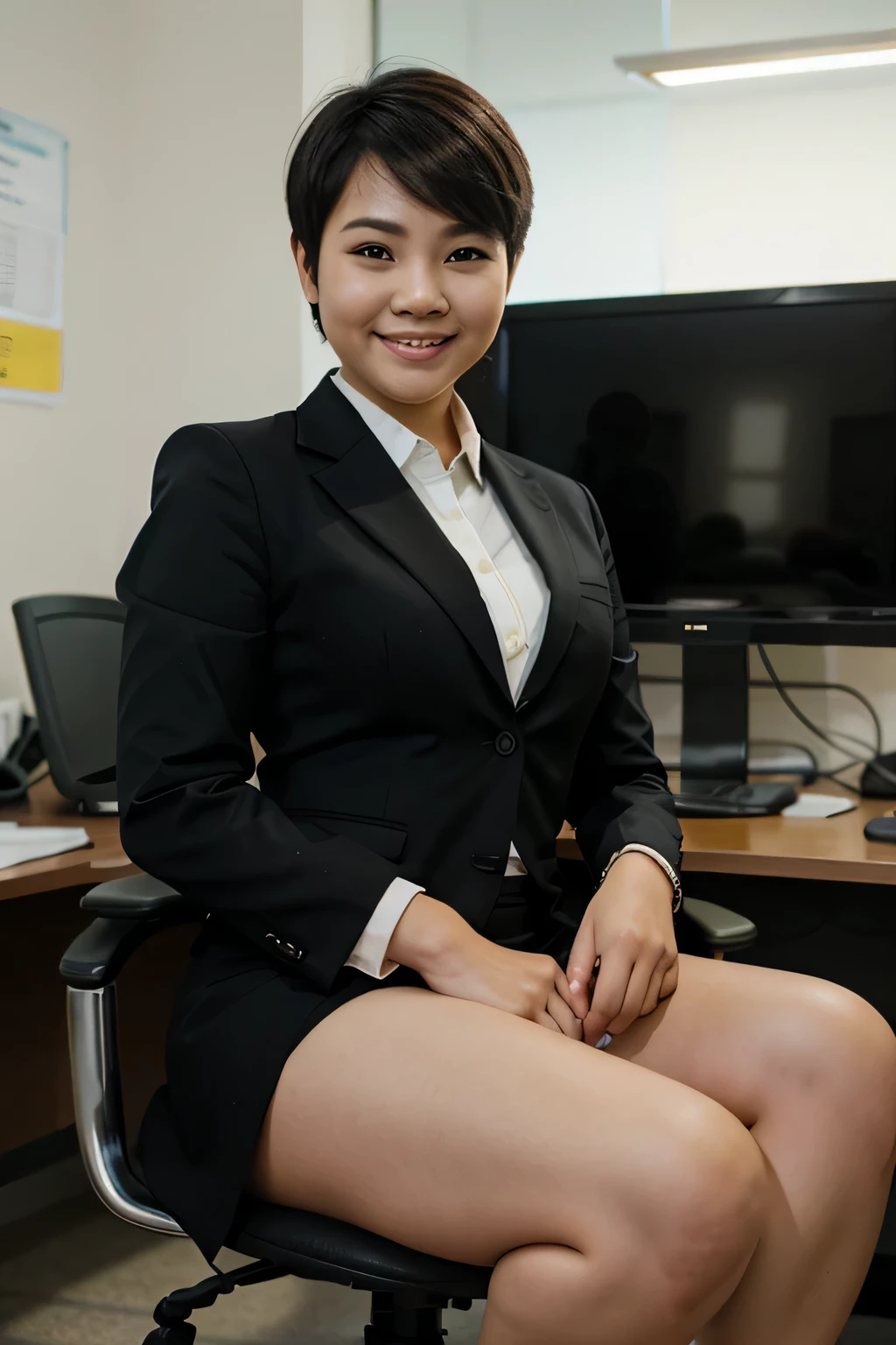 thai, girl, chubby, in the office, short haircut, smiling, wearing office suit