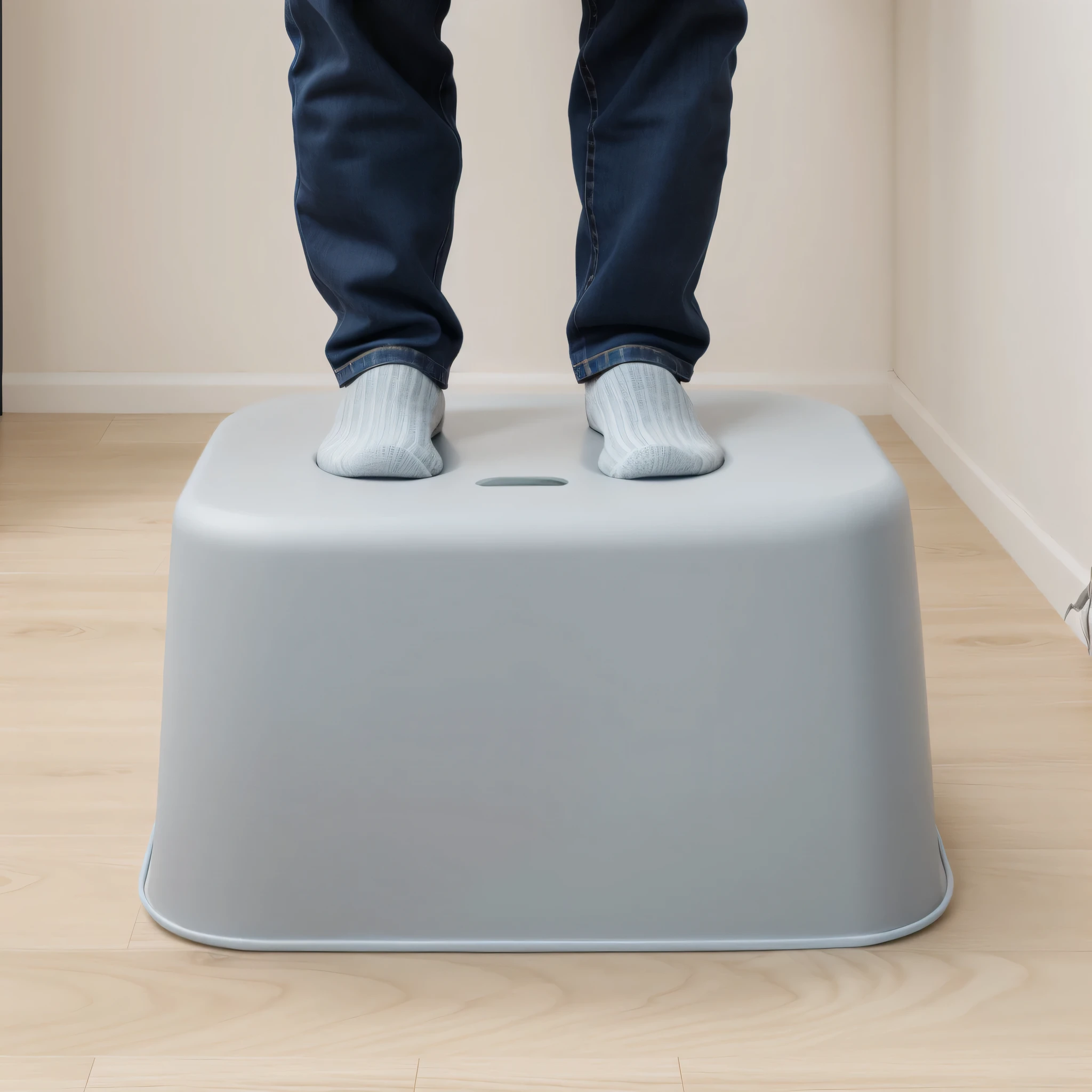 Someone is standing on the gray cat litter box,The overall environment is in the style of logs,wooden floor,Foot on the cat litter box, standing on a desk, standing on a shelf, sit on stool, standing on two legs, Easy to use, stand on stone floor, Sit on the edge of the bed, sitting in a plastic throne,,Natural light,natural tones