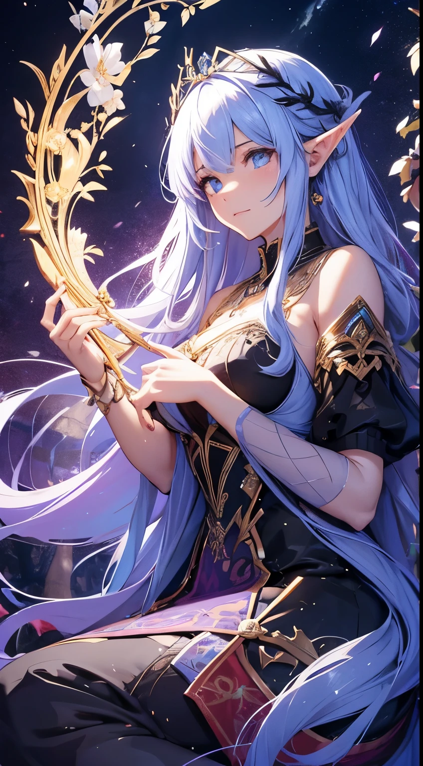 "Create an anime-style illustration of Evangeline Moonfire, an elf bard with ethereal beauty, hair shimmering like the night sky, and eyes deep as forest glades. She's playing a haunting melody on her harp, enchanting all who listen. The background is an enchanted woodland clearing, bathed in moonlight. Highlight her otherworldly grace and the magic of her music, weaving spells of sound that captivate the heart. The setting is a medieval fantasy settings. It is set in a fantasy roleplaying world."