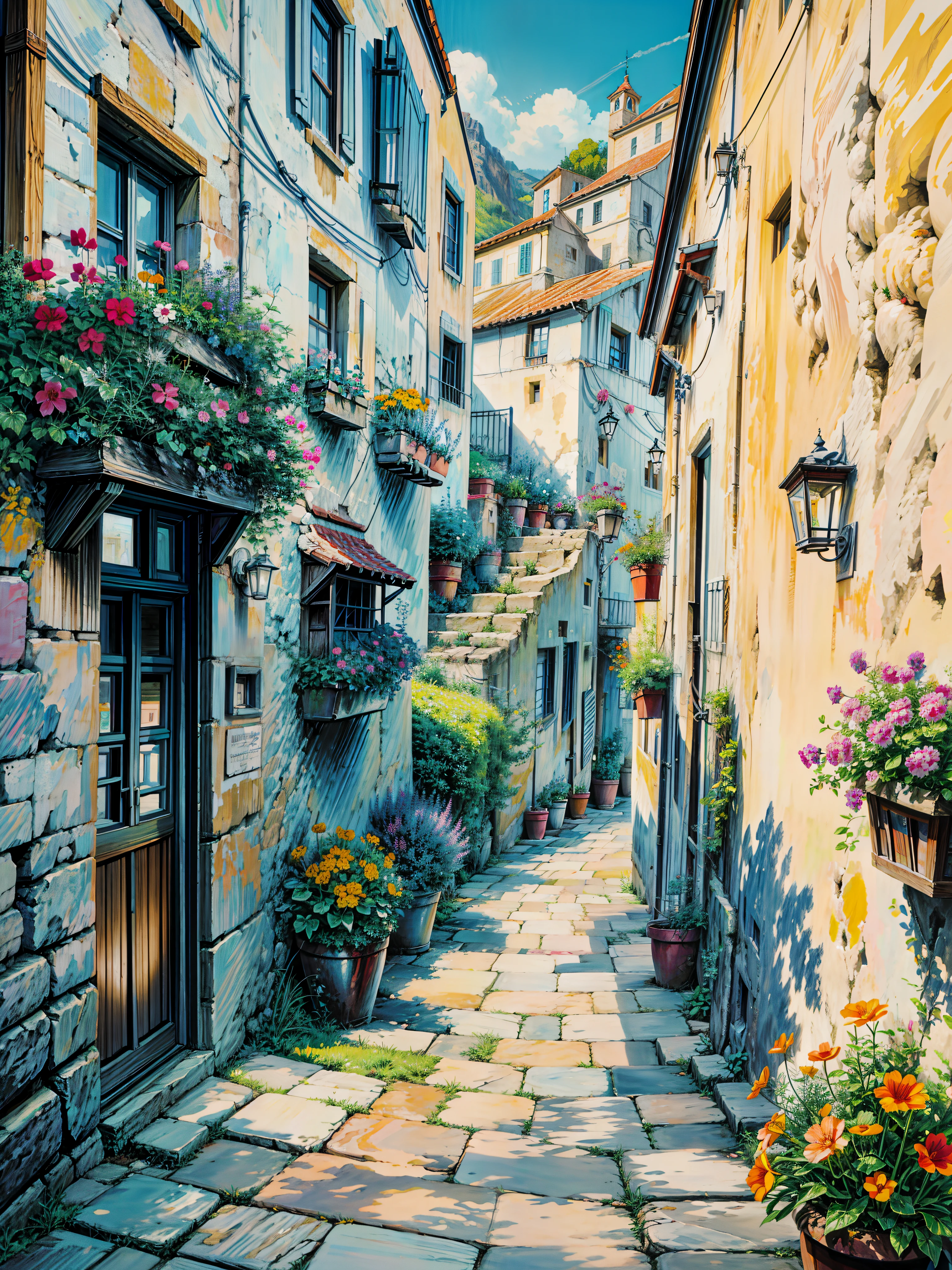 a painting of a narrow street with potted flowers, by Frances Jetter, greek art, by Demetrios Farmakopoulos, narrow street, ancient mediterranean village, greece, colorful landscape painting, gorgeous painting, architectural painting, vibrant gouache painting scenery, colorfull painting, colorful painting, mediterranean fisher village, beautiful painting, narrow streets, art painting, vibrant painting, greek architecture, 4k hd,, beautiful art uhd 4 k, a beautiful artwork illustration, beautiful digital painting, highly detailed digital painting, beautiful digital artwork, detailed painting 4 k, very detailed digital painting, rich picturesque colors, gorgeous digital painting, no human
