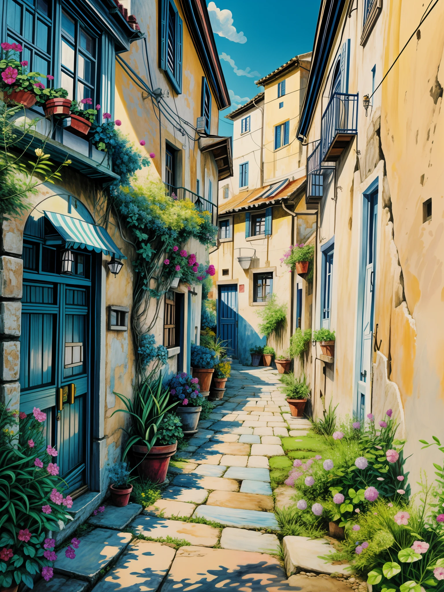 a painting of a narrow street with potted flowers, by Frances Jetter, greek art, by Demetrios Farmakopoulos, narrow street, ancient mediterranean village, greece, colorful landscape painting, gorgeous painting, architectural painting, vibrant gouache painting scenery, colorfull painting, colorful painting, mediterranean fisher village, beautiful painting, narrow streets, art painting, vibrant painting, greek architecture, 4k hd,, beautiful art uhd 4 k, a beautiful artwork illustration, beautiful digital painting, highly detailed digital painting, beautiful digital artwork, detailed painting 4 k, very detailed digital painting, rich picturesque colors, gorgeous digital painting, no human