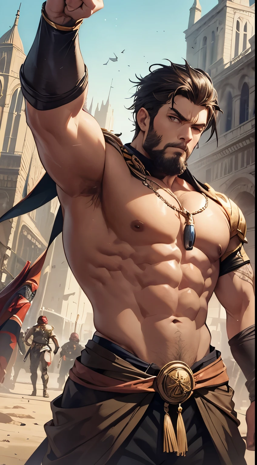 best qualtiy， tmasterpiece， 超高分辨率，  illustration， 1 Men，Whiskers， musculature，penisbulge，with short black hair，Brush cut，Burly，Bruiser，Bright colors，blue butterflies，White loincloth，Abs，rays of moonlight，Particle light effects，Dreamlike，penisbulge,ancient greek clothes