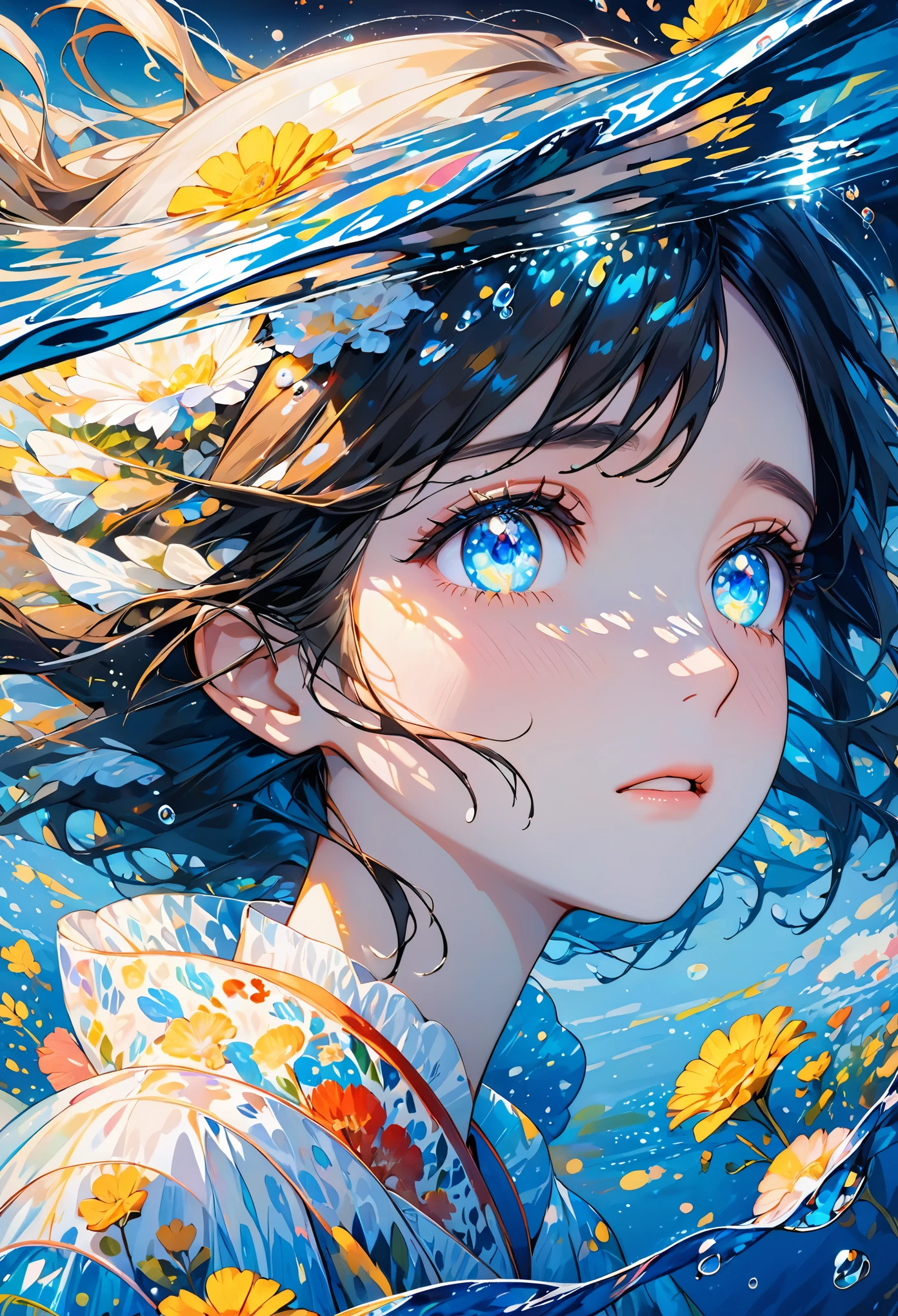 , girl swimming underwater, super detailed rendering style, glow, yellow, blue, brush, surreal oil painting, shining eyes, tears, crying, tearful eyes, head close-up, exaggerated perspective, Tyndall effect, water droplets , mother of pearl iridescence, holographic white, black background,