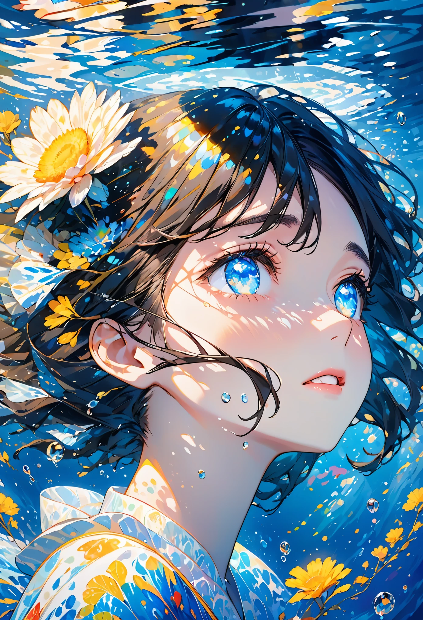 , girl swimming underwater, super detailed rendering style, glow, yellow, blue, brush, surreal oil painting, shining eyes, tears, crying, tearful eyes, head close-up, exaggerated perspective, Tyndall effect, water droplets , mother of pearl iridescence, holographic white, black background,