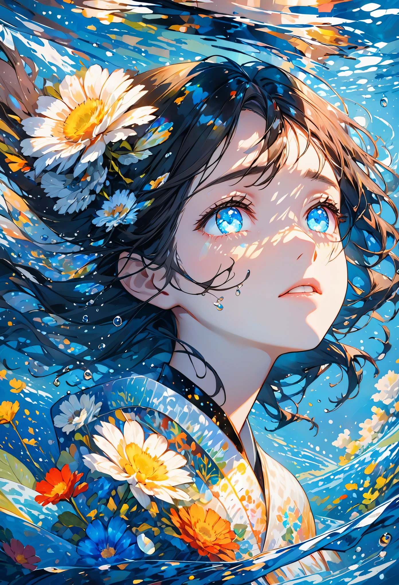 , girl swimming underwater, super detailed rendering style, glow, yellow, blue, brush, surreal oil painting, shining eyes, tears, crying, tearful eyes, head close-up, exaggerated perspective, Tyndall effect, water droplets , mother of pearl iridescence, holographic white, black background,