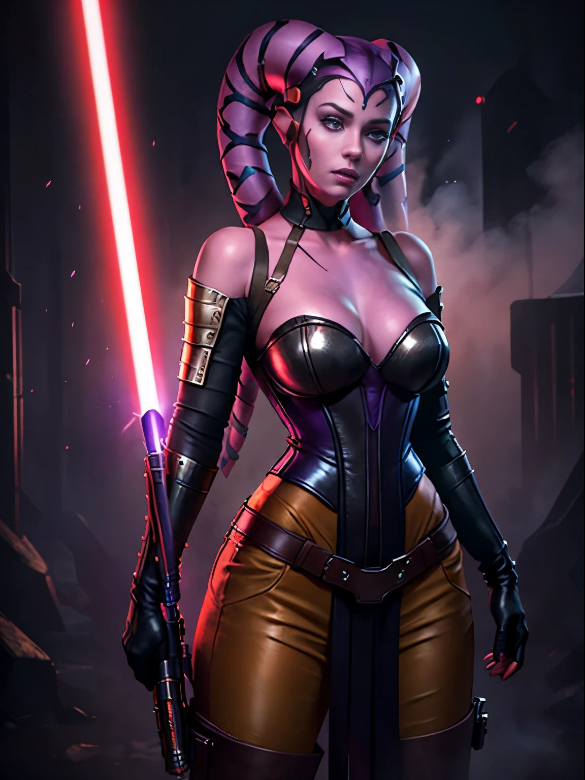 (purple skin, violet skin), Twi'lek woman, (red lightsaber), Sith twi'lek, brown leather, covered corset, shoulder pads, long sleeves, skirts, tan trousers, long boots, black leather, buckles, straps, Star Wars, vivid colours, foggy background, rtx on, masterpiece