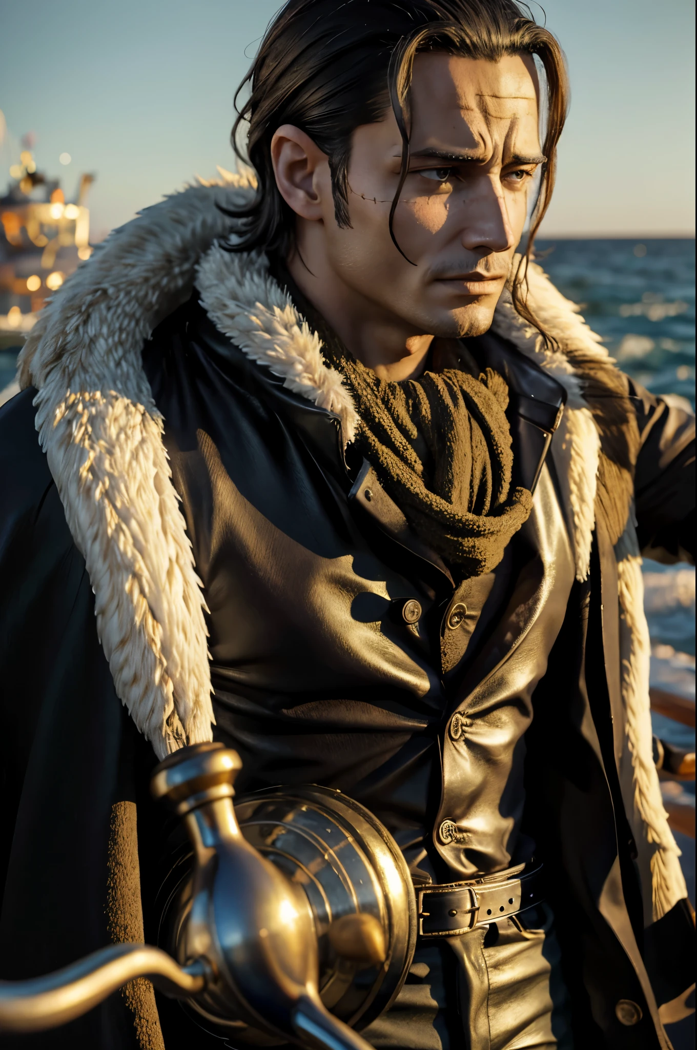 masterpiece, best quality, extremely detailed, hyperrealistic, photorealistic, a cool 40s man, ultra detailed face:1.2, fur-trimmed coat, scarf around the neck, his left hand is a golden pirate hook:1.1, sea:1.2, on battle ship
