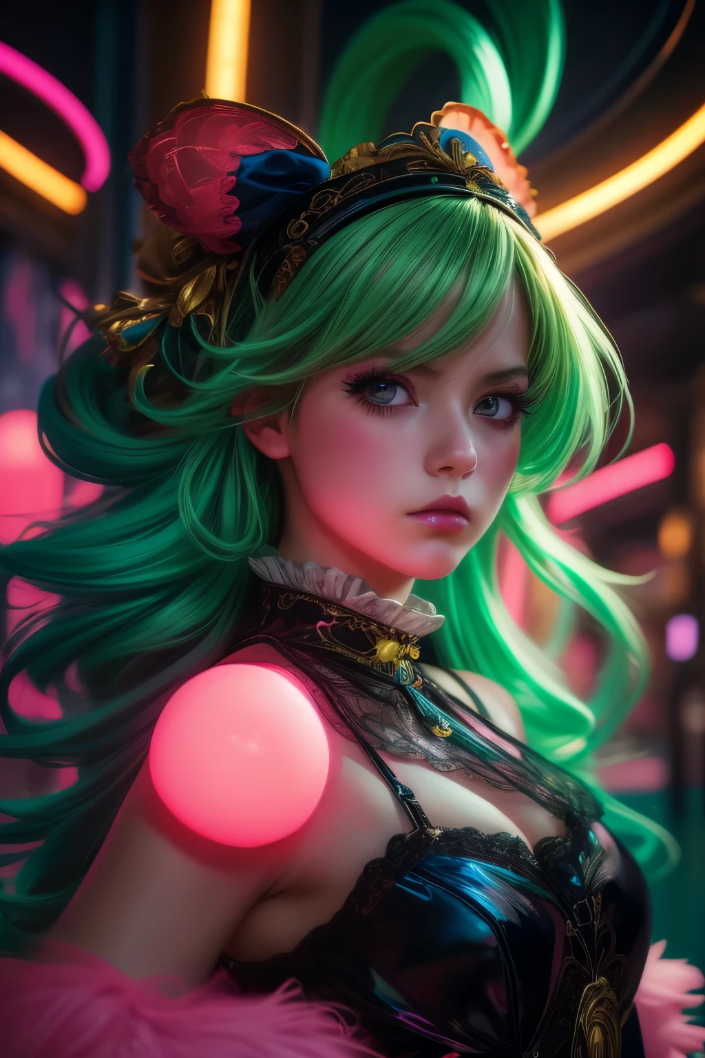 anime_artwork, rococo, grand_photograph, annoyed_girl, neon_glowing_hair, canon_5d_mark_4, neon_light, kodak_ektar, flamboyant, pastel_colors, curved_lines, elaborate_detail, rococo, art by j.c. leyendecker