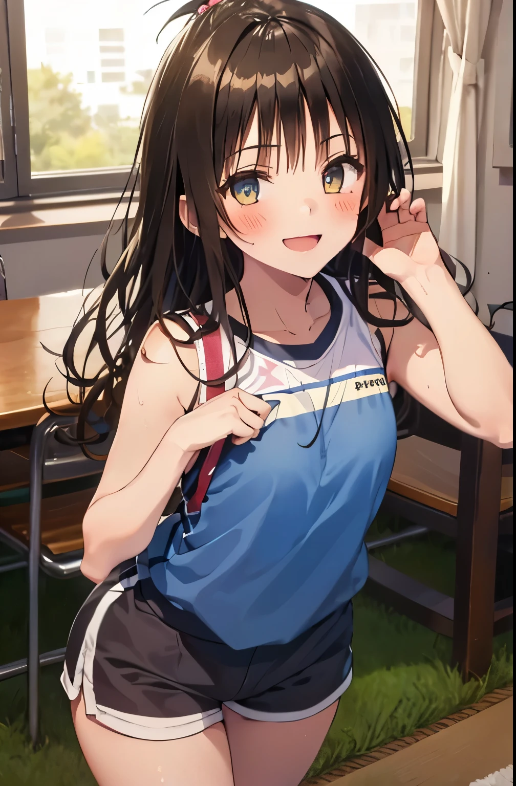 1 female,black hair,(()),(((White and blue short sleeve gym clothes and shorts)))(((blush、open mouth smile)),(((Yuki Mikan))),crowd(Baby girl bohape)(((small breasts)))sexy pose,((wet with sweat))Outside playground