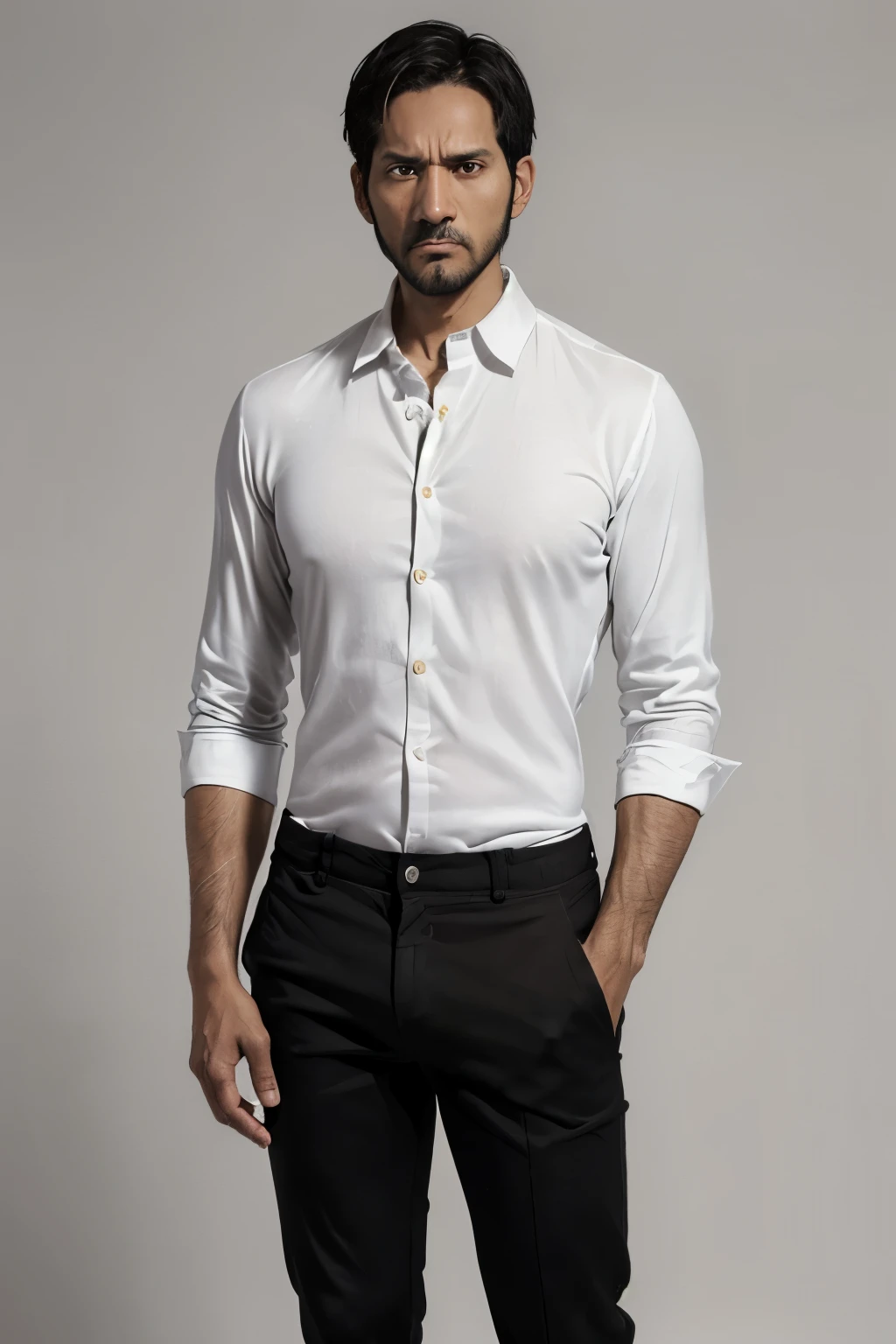 Entire body photo ; (((32-year-old))) mature man wearing a (((casual dress, white shirt, black pant))), (((brown eyes))), black hair, tan skin, (((angry face))), standing and talking pose.