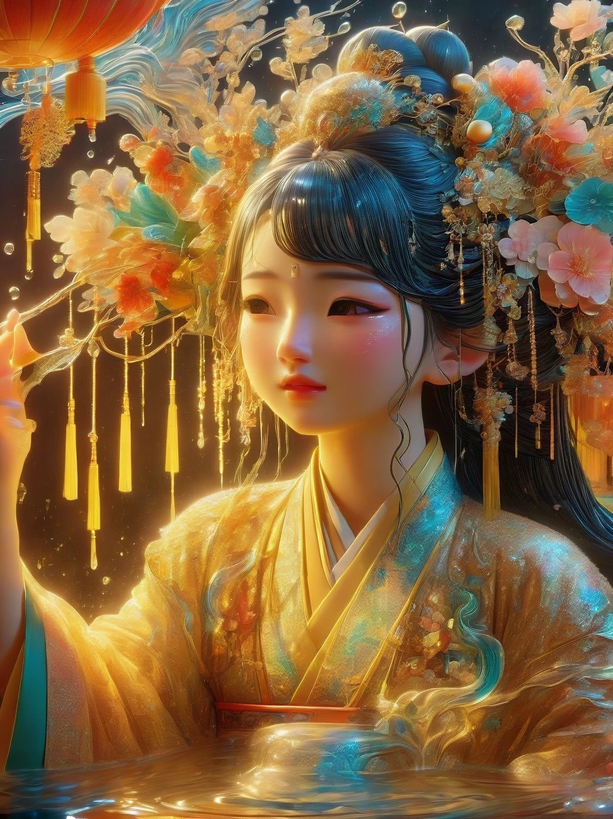 Depicts a scene of an ancient Chinese general and his beautiful concubine standing by a river，((Both of them had tears on their faces))，reflect a deep sadness。((The general put his sword on his neck))，Symbolizes moments of despair，The princess was crying beside him。这一令人心酸的场景以倾盆大雨为background，Emphasizing the extent of their tragedy and the emotional depth of their farewells。background、Both traditional Chinese costumes and emotional expressions should help vividly depict their tears streaming down their faces、heartbreaking moment。