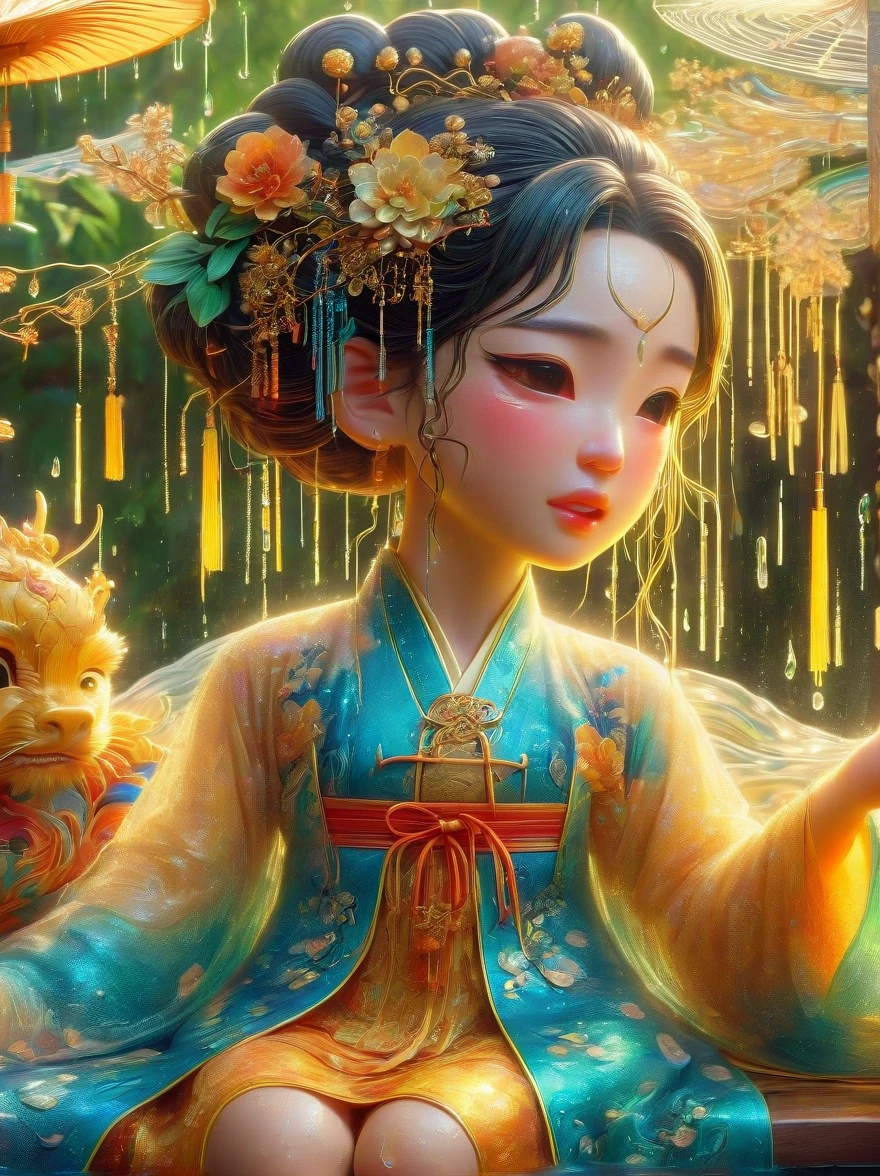 Depicts a scene of an ancient Chinese general and his beautiful concubine standing by a river，((Both of them had tears on their faces))，reflect a deep sadness。((The general put his sword on his neck))，Symbolizes moments of despair，The princess was crying beside him。这一令人心酸的场景以倾盆大雨为background，Emphasizing the extent of their tragedy and the emotional depth of their farewells。background、Both traditional Chinese costumes and emotional expressions should help vividly depict their tears streaming down their faces、heartbreaking moment。