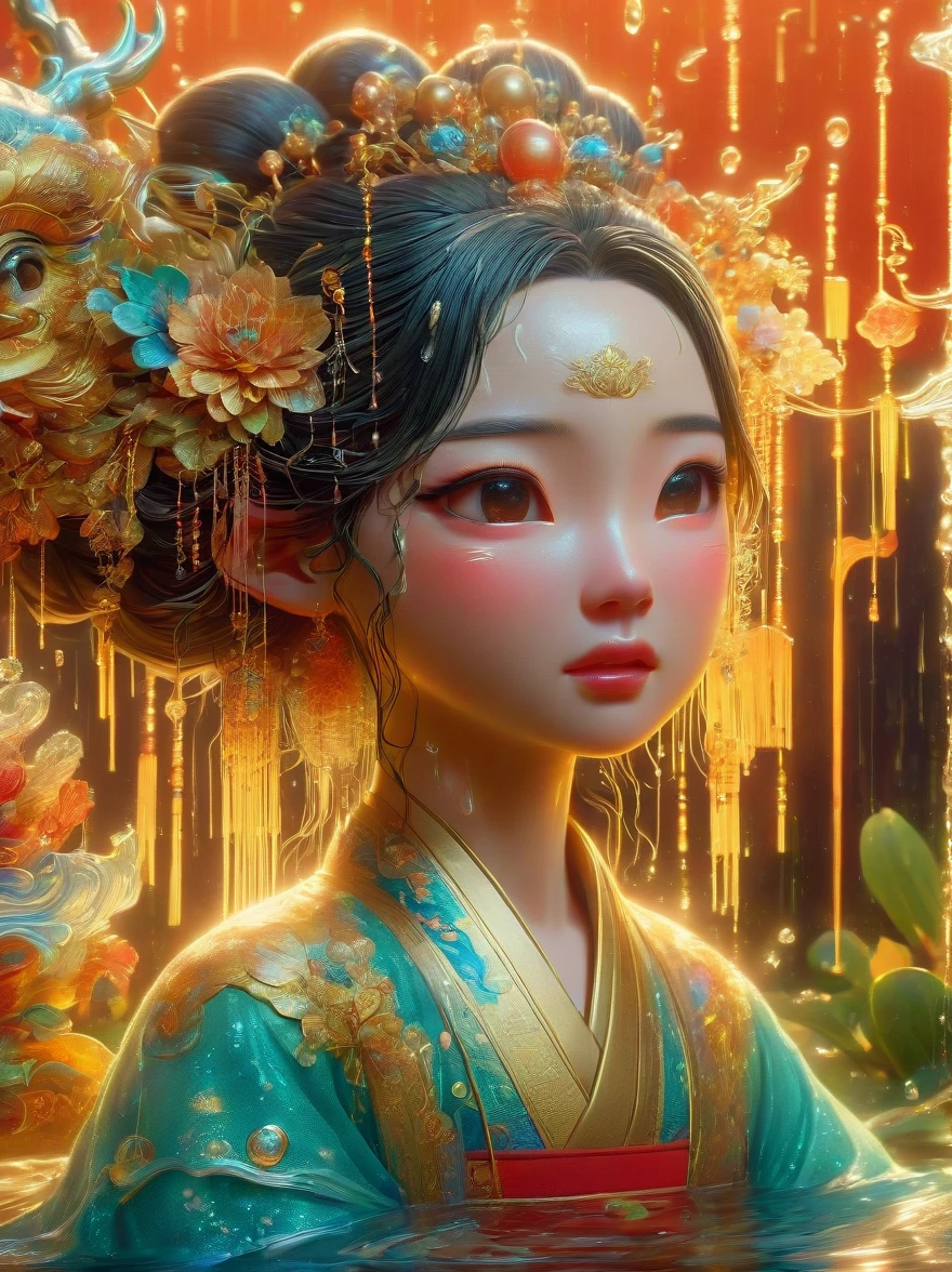 Depicts a scene of an ancient Chinese general and his beautiful concubine standing by a river，((Both of them had tears on their faces))，reflect a deep sadness。((The general put his sword on his neck))，Symbolizes moments of despair，The princess was crying beside him。这一令人心酸的场景以倾盆大雨为background，Emphasizing the extent of their tragedy and the emotional depth of their farewells。background、Both traditional Chinese costumes and emotional expressions should help vividly depict their tears streaming down their faces、heartbreaking moment。