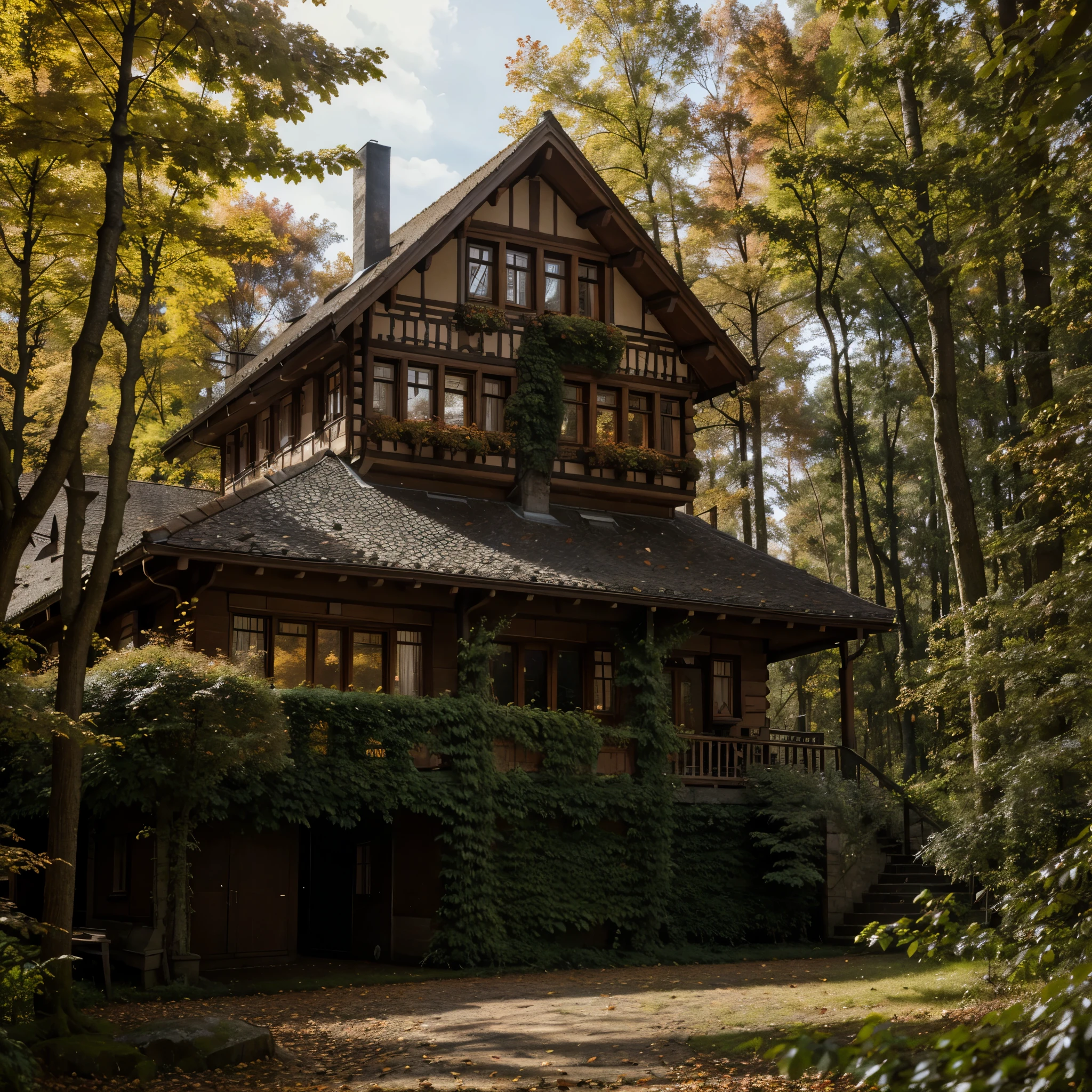 A large traditional German house in a forest, with trees around, plants falling, autumn weather, some rocks, sunlight between the leaves.