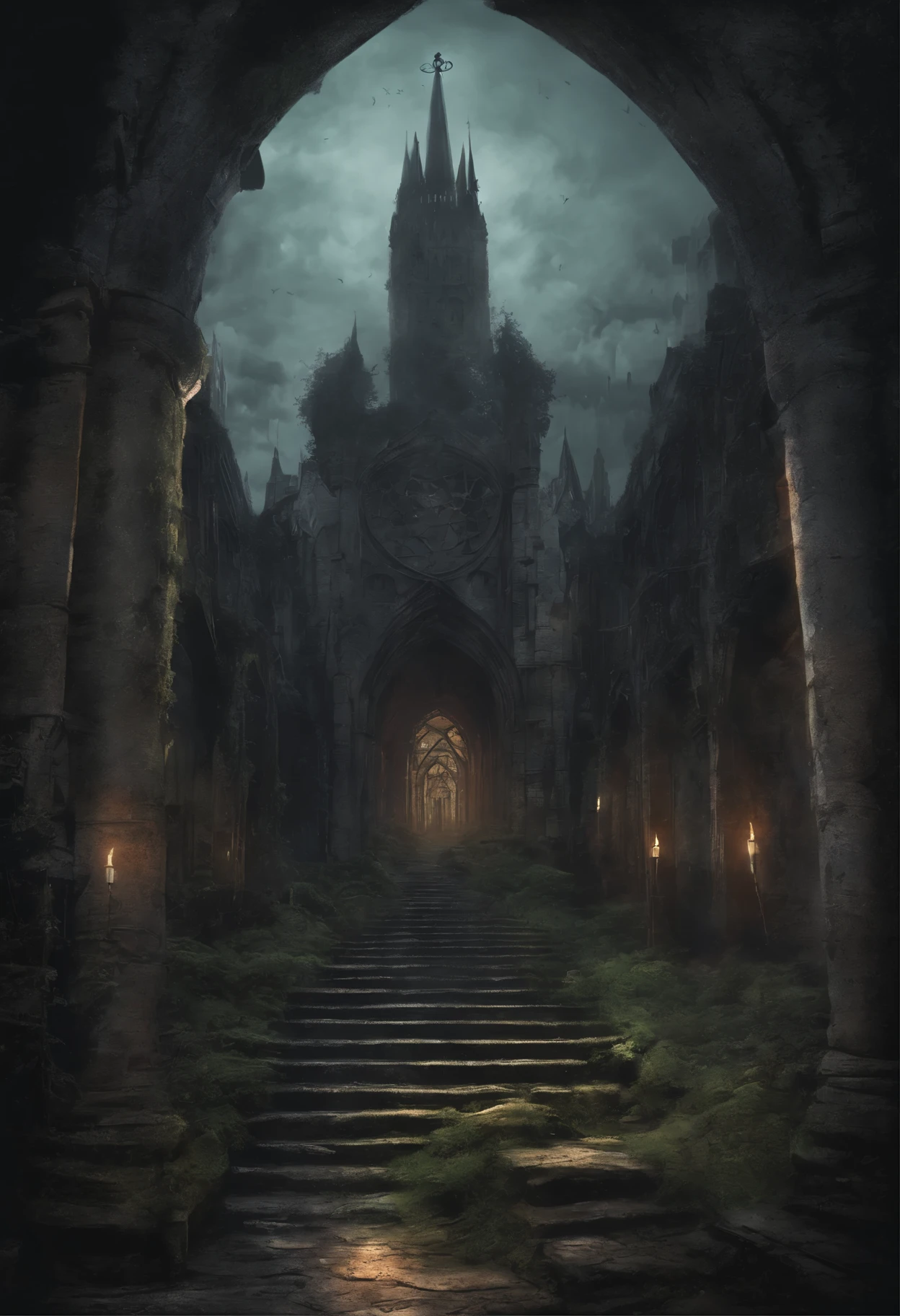 (giant,ancient,terrifying)abbey in the middle of an abandoned island, dark stormy skies, towering Gothic architecture, moss-covered stone walls, eerie shadows, ghostly figures, flickering candlelight, heavy iron gates, overgrown ivy, cracked stained glass windows, crumbling statues, eerie silence, echoes of whispers, mystical aura, haunting atmosphere, isolated and desolate surroundings, sense of foreboding, mysterious history, secrets trapped within the abbey's walls, chilling presence.