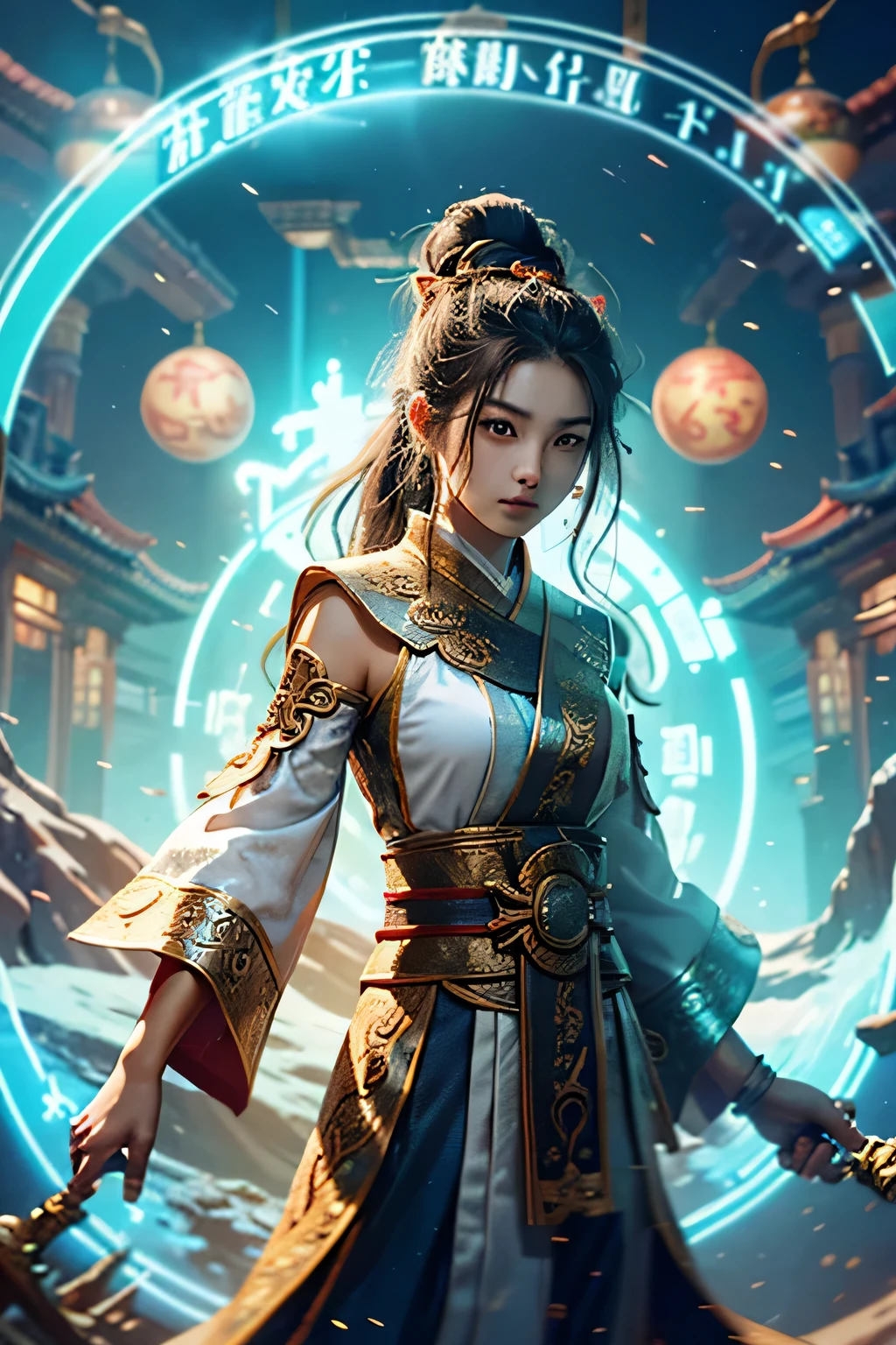 best quality, masterpiece, ultra high resolution, (actual: 1.4), Xiu Xian, arms, Detailed face, 1 girl, alone, arms, (magic circle: 1.2), Xiu Xian, Upper body, Interact with people, beautiful girl, whole body, 东亚architecture, sheath, architecture,