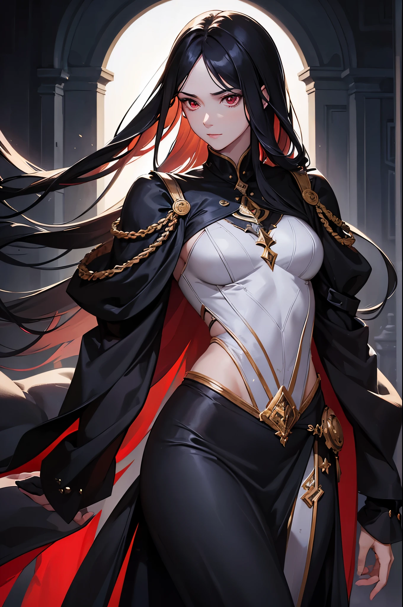 Masterpiece, Superb Fashion, (Fashion Costume), (Illustration), (tall), (strong), A-cup, tomboy, broad shoulders, (1boy), Handsome adult manish woman, red eyes, (Russian Mill Style), Fashion, black Hair, (Long Hair), (Messy Hair), (White Skin), (Dark Circles), Handsome, Dance Steps, Trend, Dark Gray,, Close Up, (Grand Background), (Chiaroscuro)), Fine Face Details, Facial Details, Cinematic Lighting, (Depth of Field), UHD, (Upper Body), Black Background
