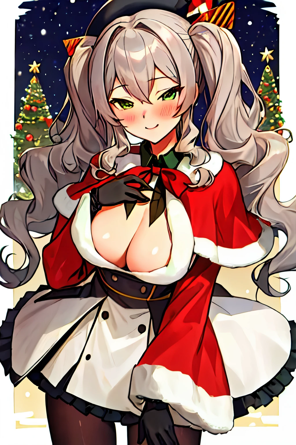 highest quality, masterpiece, High resolution, 一人in, {Kashima_Fleet Collection:1.15}, twin tails, gray_hair, wavy_hair, green_eye, chest, blush, length_hair, smile, hin, big_chest, beret, 1 girl, bell, Christmas, looking for_in_viewer, hair_ornament, santa_costume, capelet, santa_hin, hair_bell, gloves