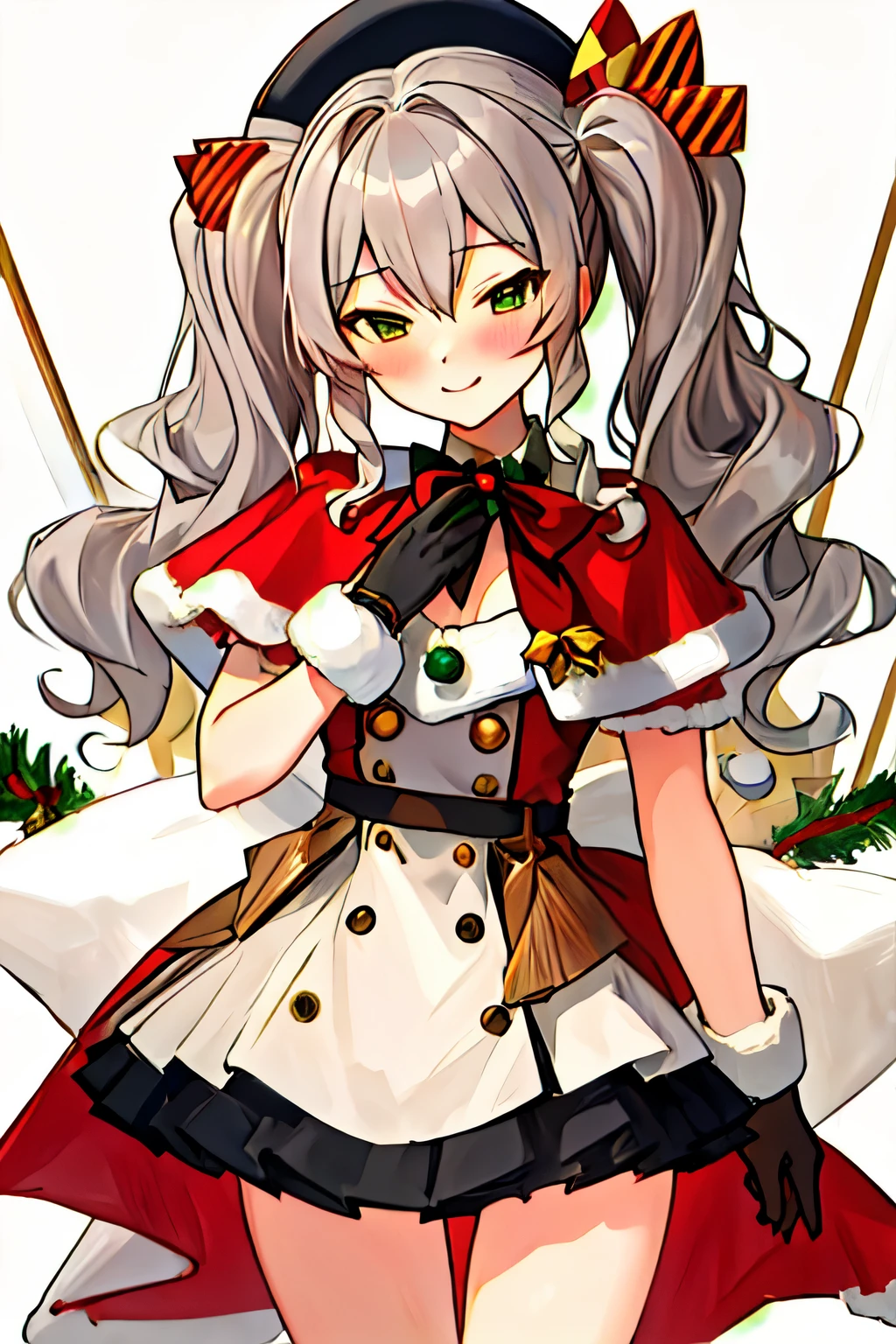 highest quality, masterpiece, High resolution, 一人in, {Kashima_Fleet Collection:1.15}, twin tails, gray_hair, wavy_hair, green_eye, chest, blush, length_hair, smile, hin, big_chest, beret, 1 girl, bell, Christmas, looking for_in_viewer, hair_ornament, santa_costume, capelet, santa_hin, hair_bell, gloves