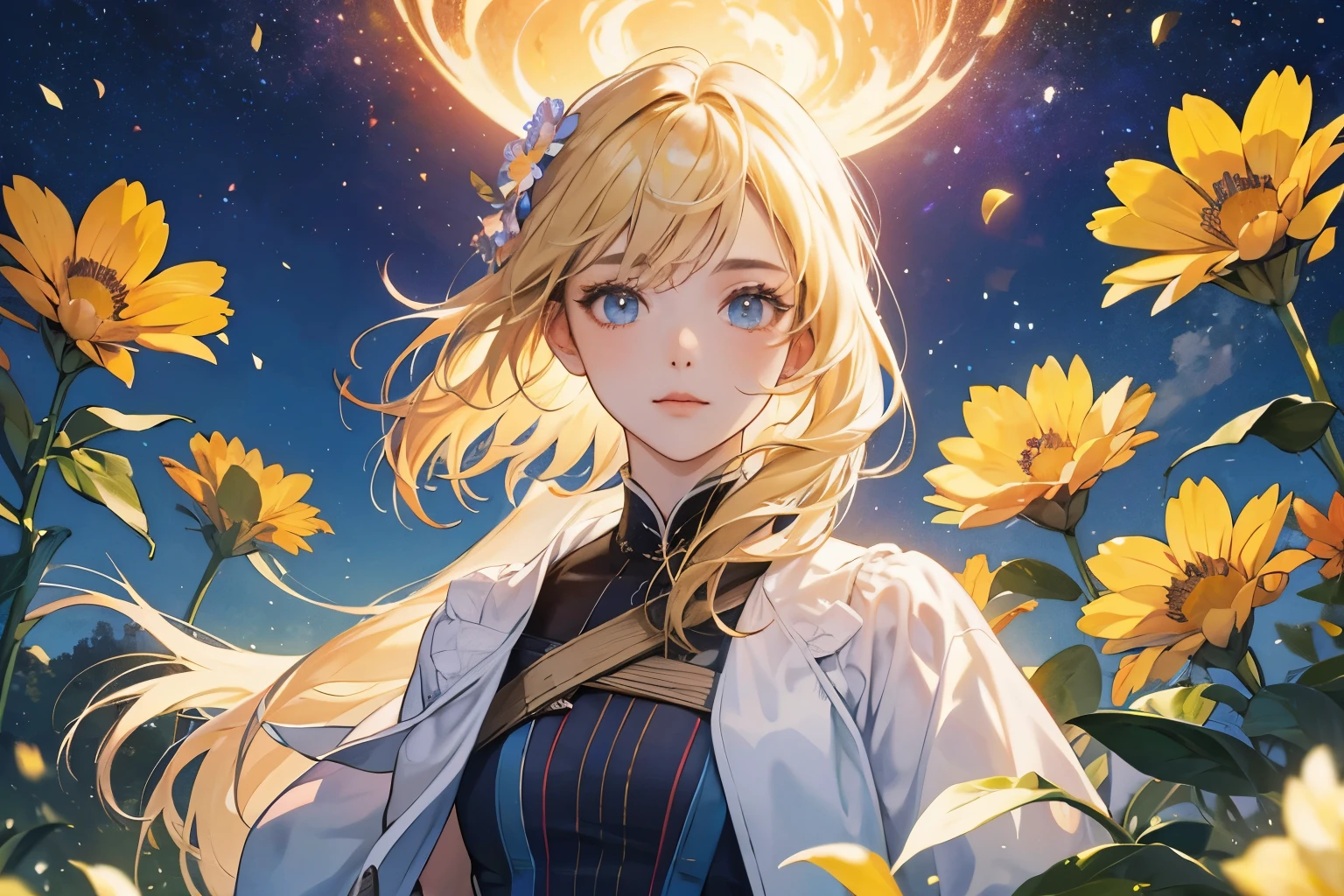 (best quality, Masterpiece), 1 girl, stance, particle, wind, flowers, upper body, looking at the audience, Blonde, galaxy, about beauty