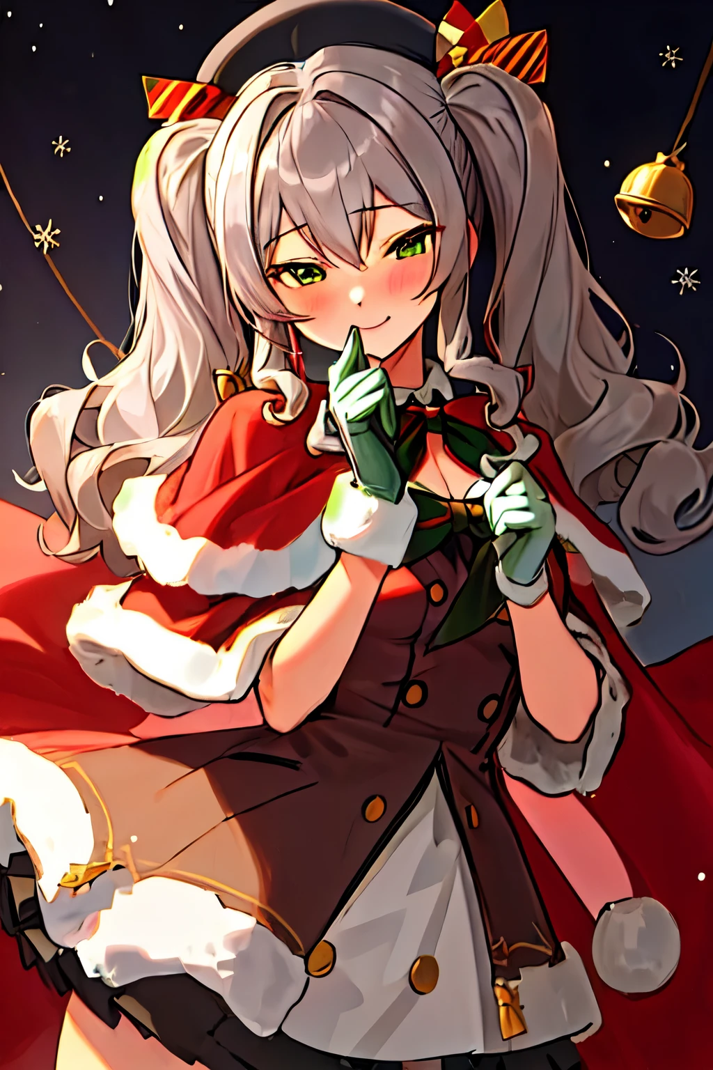 highest quality, masterpiece, High resolution, 一人in, {Kashima_Fleet Collection:1.15}, twin tails, gray_hair, wavy_hair, green_eye, chest, blush, length_hair, smile, hin, big_chest, beret, 1 girl, bell, Christmas, looking for_in_viewer, hair_ornament, santa_costume, capelet, santa_hin, hair_bell, gloves