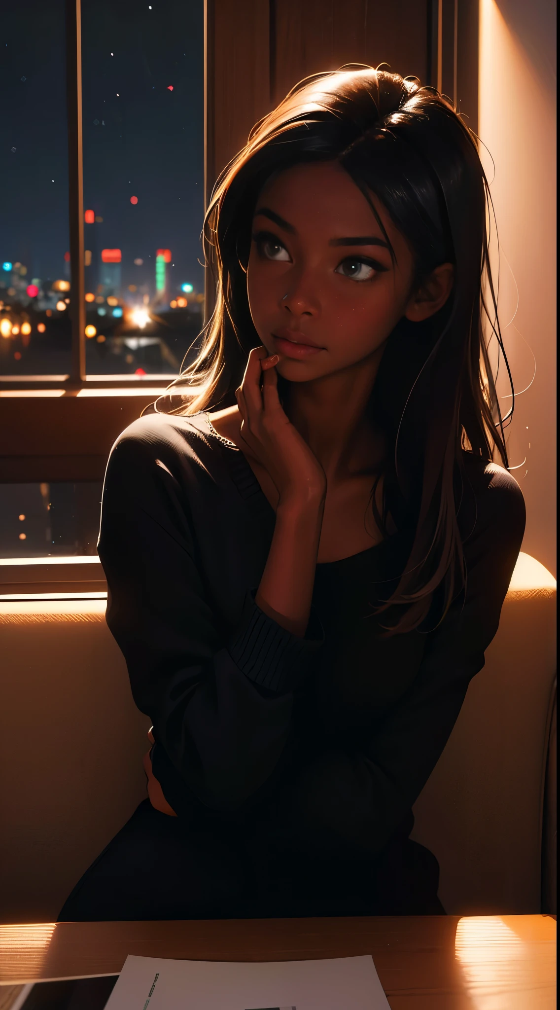 ((masterpiece, best quality, ultra detailed, ultra high res)), ((night)), (distant), chiaroscuro, coffee, indoors, solo focus, pov, (through the window), (armrest), 1 girl,(dark skin), ebony skin, ebony nose, full lips, facing away, black hair, long hair, distracted, sitting, fuzzy sweater shirt, (looking away), streetspace, neon lights, particles, luminous dark brown eyes,