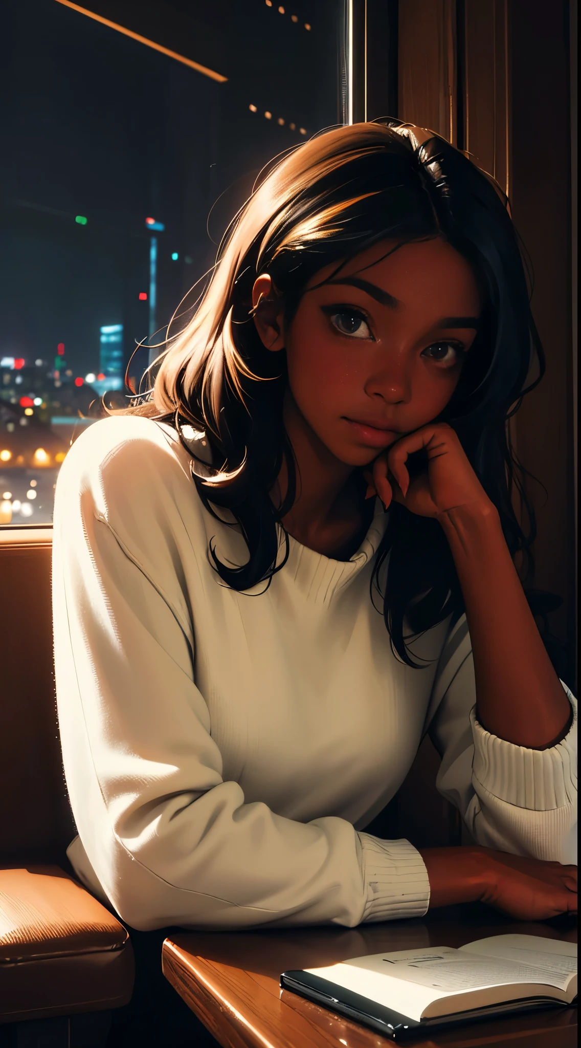 ((masterpiece, best quality, ultra detailed, ultra high res)), ((night)), (distant), chiaroscuro, coffee, indoors, solo focus, pov, (through the window), (armrest), 1 girl,(dark skin), ebony skin, ebony nose, full lips, facing away, black hair, long hair, distracted, sitting, fuzzy sweater shirt, (looking away), streetspace, neon lights, particles, luminous dark brown eyes,