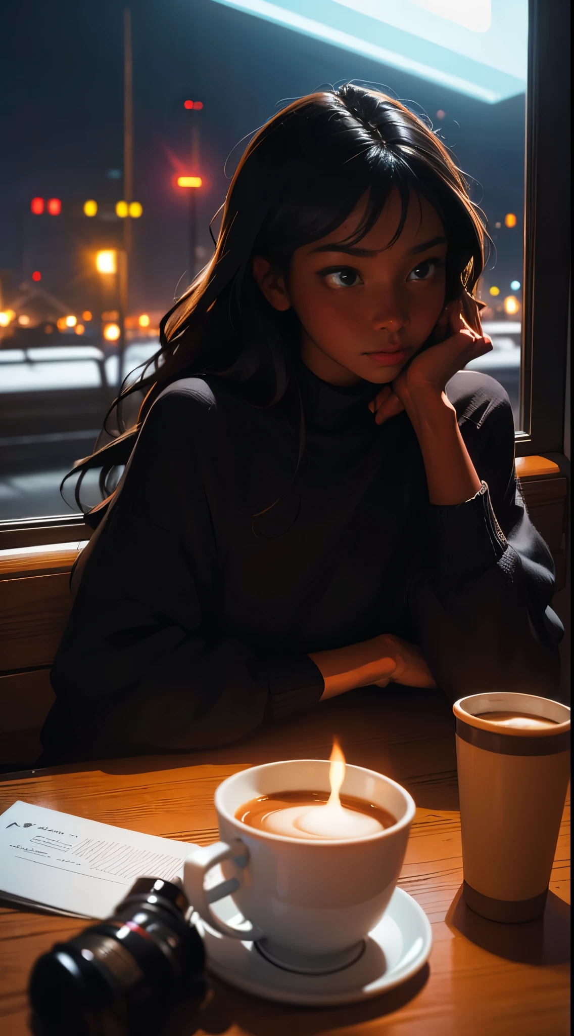 ((masterpiece, best quality, ultra detailed, ultra high res)), ((night)), (distant), chiaroscuro, coffee, indoors, solo focus, pov, (through the window), (armrest), 1 girl,(dark skin), ebony skin, ebony nose, full lips, facing away, black hair, long hair, distracted, sitting, fuzzy sweater shirt, (looking away), streetspace, neon lights, particles, luminous dark brown eyes,