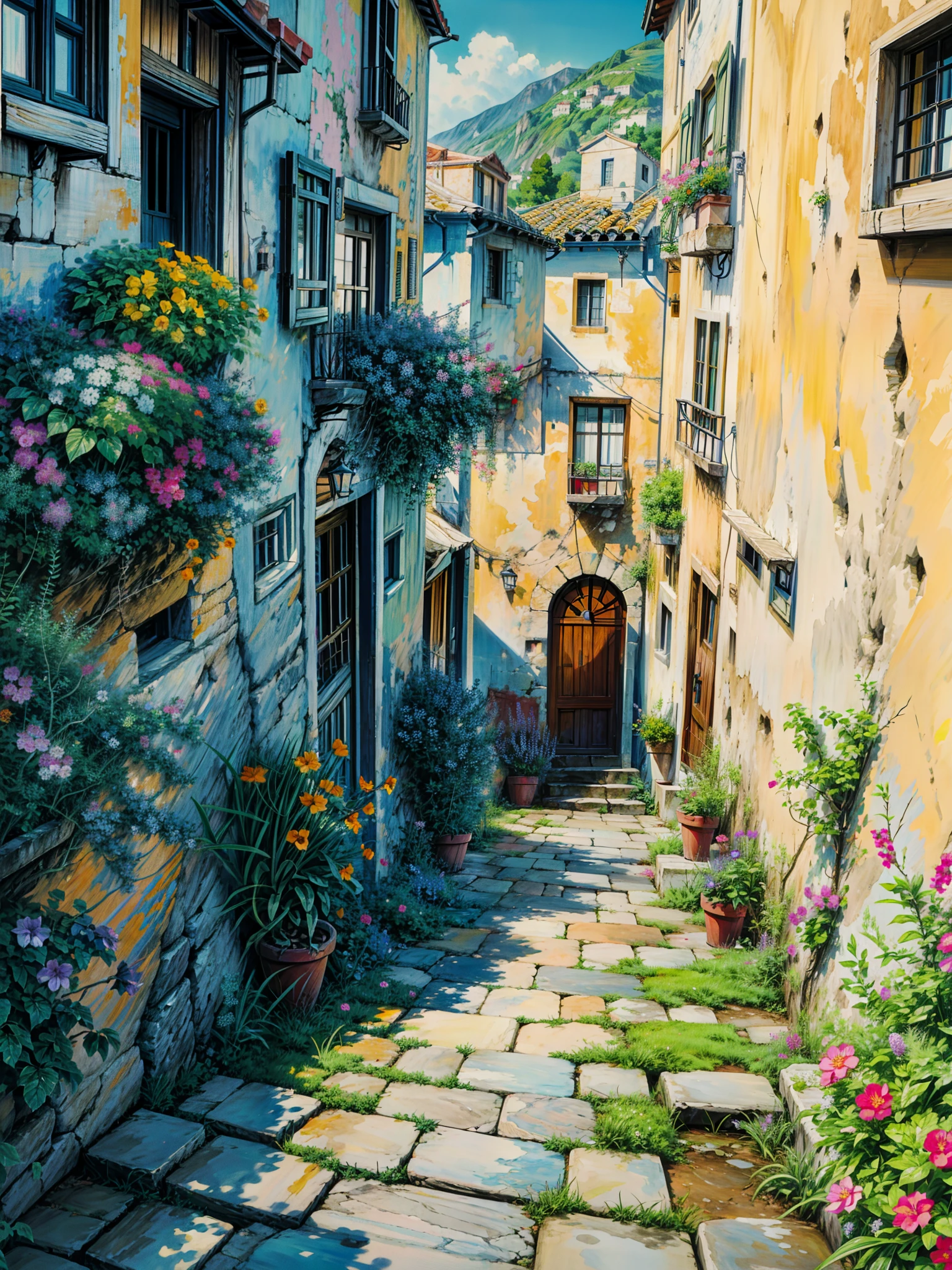 a painting of a narrow street with potted flowers, by Frances Jetter, greek art, by Demetrios Farmakopoulos, narrow street, ancient mediterranean village, greece, colorful landscape painting, gorgeous painting, architectural painting, vibrant gouache painting scenery, colorfull painting, colorful painting, mediterranean fisher village, beautiful painting, narrow streets, art painting, vibrant painting, greek architecture, 4k hd,, beautiful art uhd 4 k, a beautiful artwork illustration, beautiful digital painting, highly detailed digital painting, beautiful digital artwork, detailed painting 4 k, very detailed digital painting, rich picturesque colors, gorgeous digital painting, no human