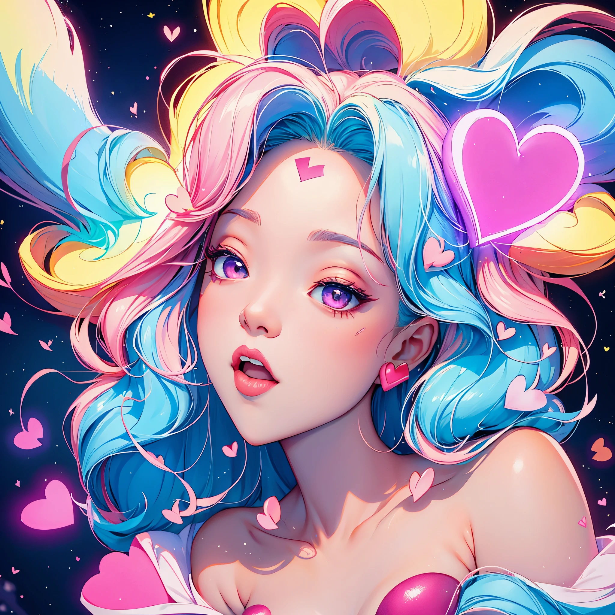 Girl in love，portrait，Many hearts are shining in the sky，flashing love，Glowing Heart，heart-shaped，flashing love：1.5，high saturation，bright colors
