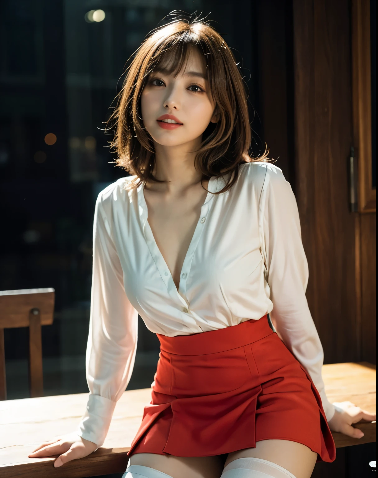 soft light, (((medium hair:1.3), short bangs, Floating hair NovaFrogStyle)), ((ultimate beautiful wife)), 20th generation, detailed eye, (Big eyes:1.3), lip details, 非常にdetailed eyeと顔, beautifully detailed nose, fine and beautiful eyes, long eyelashes, light shines on your face, (parted lips:1.2), (beautiful white teeth:1.3), mature face, ((big and full breasts)), realistic face, realistic body, thick and beautiful thighs, (red blouse:1.3)、(red tight micro miniskirt:1.4)、The chest of the blouse is wide open、The whole body to the toes、stockings、(cowboy shot:1.3), ((written boundary depth))、With background:((Ginza town, Tokyo))、(Raw photo, highest quality), (realistic, Photoreal:1.3), table top, very delicate and beautiful, very detailed, nffsw, unity , 2k wallpaper, wonderful, small details, light smile, Highly detailed ticker unity 8k wallpaper, huge file size, Super detailed, High resolution, absurd,