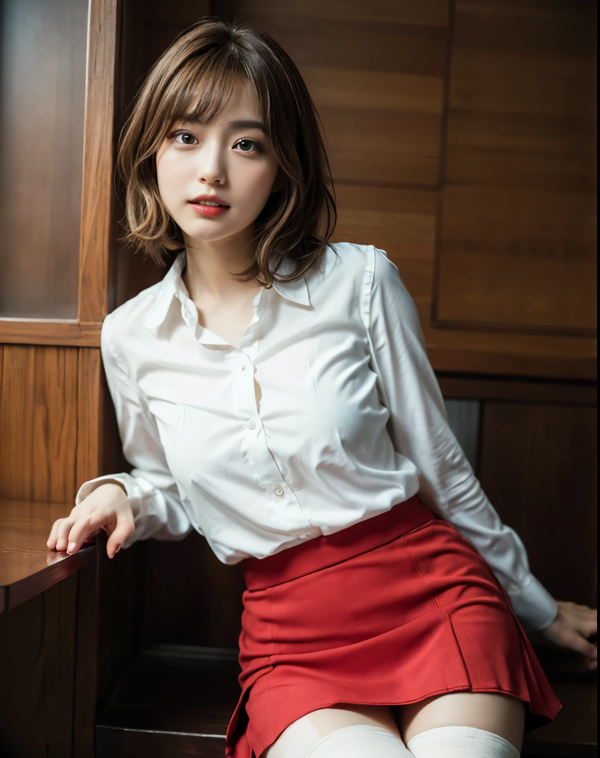soft light, (((medium hair:1.3), short bangs, Floating hair NovaFrogStyle)), ((ultimate beautiful wife)), 20th generation, detailed eye, (Big eyes:1.3), lip details, 非常にdetailed eyeと顔, beautifully detailed nose, fine and beautiful eyes, long eyelashes, light shines on your face, (parted lips:1.2), (beautiful white teeth:1.3), mature face, ((big and full breasts)), realistic face, realistic body, thick and beautiful thighs, (red blouse:1.3)、(red tight micro miniskirt:1.4)、The chest of the blouse is wide open、The whole body to the toes、stockings、(cowboy shot:1.3), ((written boundary depth))、With background:((Ginza town, Tokyo))、(Raw photo, highest quality), (realistic, Photoreal:1.3), table top, very delicate and beautiful, very detailed, nffsw, unity , 2k wallpaper, wonderful, small details, light smile, Highly detailed ticker unity 8k wallpaper, huge file size, Super detailed, High resolution, absurd,