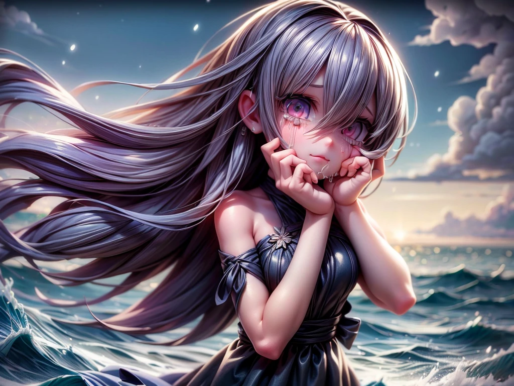 (best quality,4k,8k,highres,masterpiece:1.2),ultra-detailed,(realistic,photorealistic,photo-realistic:1.37), Crying girl, hugging her knees and shedding big tears, beach, sandy shore, turbulent waves crashing onto the shore, beautiful sunset over the horizon, soft golden light casting a warm glow on the scene, gentle breeze ruffling her hair and clothes, genuine sadness and despair in her eyes, delicate tears streaming down her face, emotional expression of heartbreak and vulnerability, solitary figure against the vastness of the beach, raw and unfiltered emotions, dynamic composition capturing the intensity of the moment, melancholic atmosphere hinting at a deeper story, captivating and thought-provoking artwork, somber color palette evoking a sense of longing and sorrow, meticulously rendered details of facial features and body posture, realistic depiction of flowing tears and distressed expression, skillfully blended textures and gradients adding depth and dimension to the image, poetic and evocative representation of emotional turmoil amidst the serene beauty of nature.