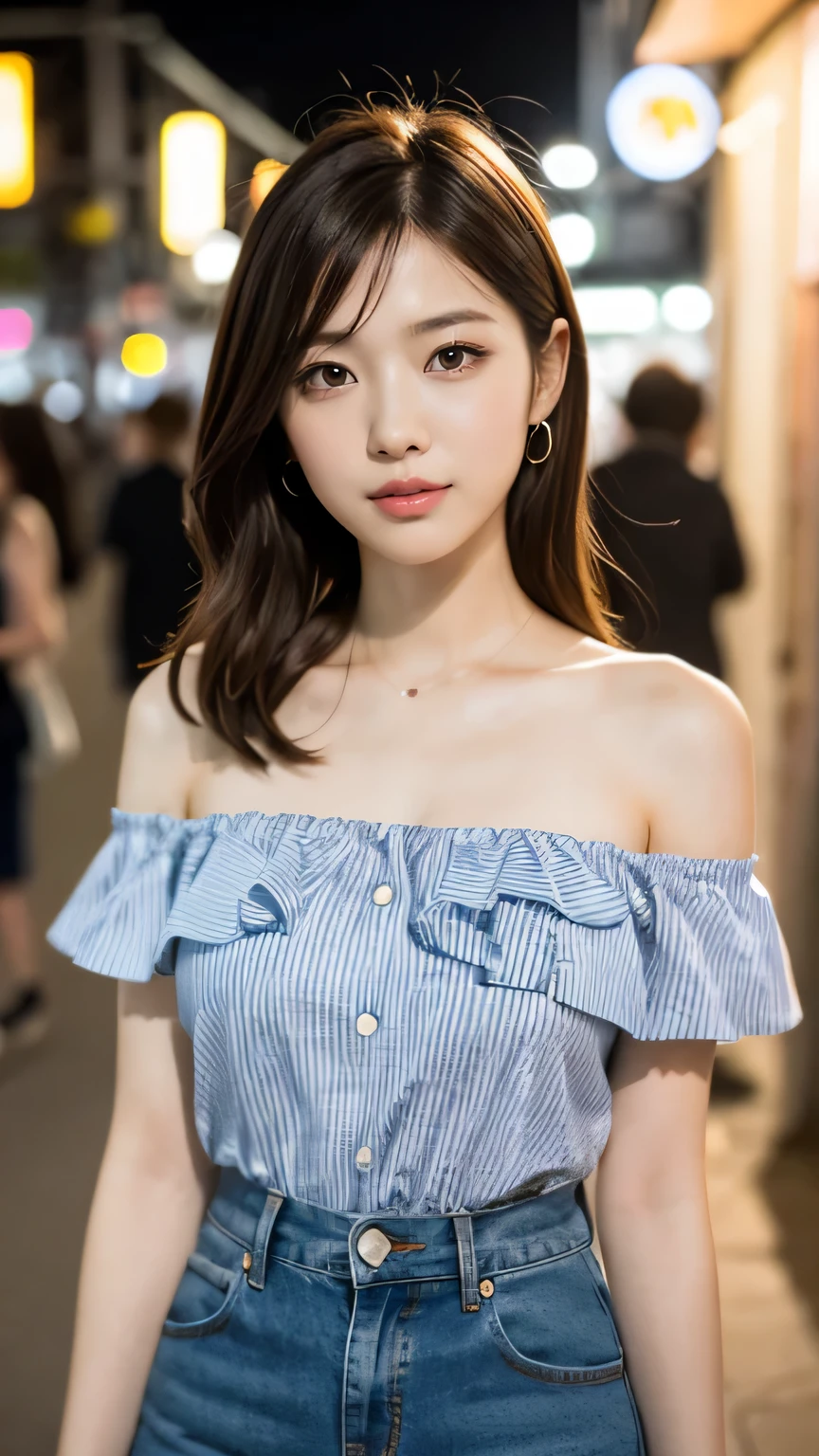 masterpiece, elegant. Ultra-fine details, masterpieces, realistic textures, realistic cinematic lighting, perfect work, 8k, HD, delicate facial features, (upper body), (large breast:1.2), smile, (Japanese idol:1.3), Professional lighting,
Striped off-shoulder blouse with denim skirt, Confident city chic, Evening city lights, Street café ambiance,