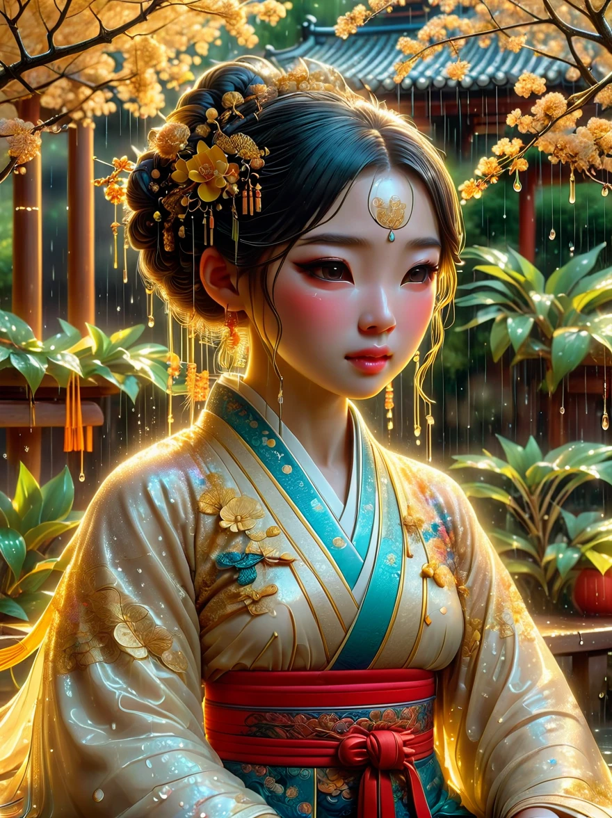 Depicts a scene of an ancient Chinese general and his beautiful concubine standing by a river，((Both of them had tears on their faces))，reflect a deep sadness。((The general put his sword on his neck))，Symbolizes moments of despair，The princess was crying beside him。这一令人心酸的场景以倾盆大雨为background，Emphasizing the extent of their tragedy and the emotional depth of their farewells。background、Both traditional Chinese costumes and emotional expressions should help vividly depict their tears streaming down their faces、heartbreaking moment。