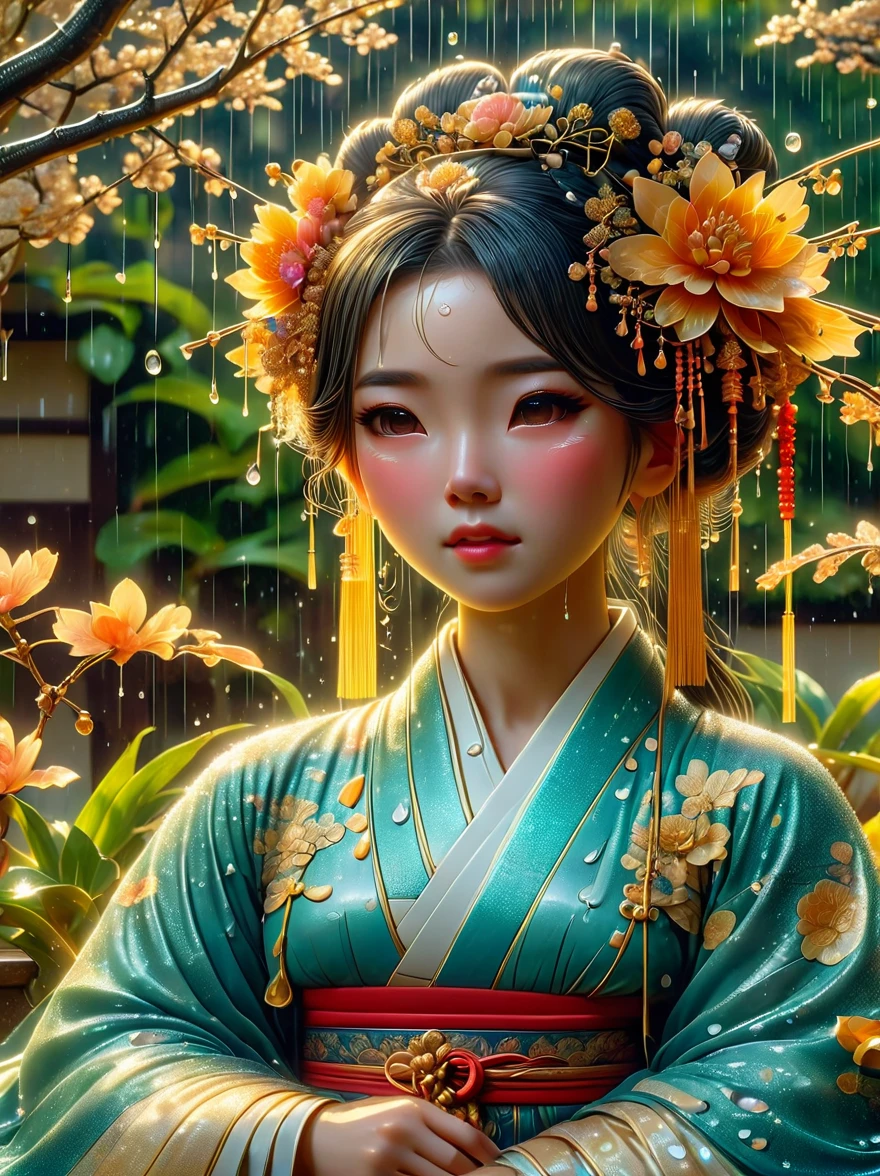 Depicts a scene of an ancient Chinese general and his beautiful concubine standing by a river，((Both of them had tears on their faces))，reflect a deep sadness。((The general put his sword on his neck))，Symbolizes moments of despair，The princess was crying beside him。这一令人心酸的场景以倾盆大雨为background，Emphasizing the extent of their tragedy and the emotional depth of their farewells。background、Both traditional Chinese costumes and emotional expressions should help vividly depict their tears streaming down their faces、heartbreaking moment。