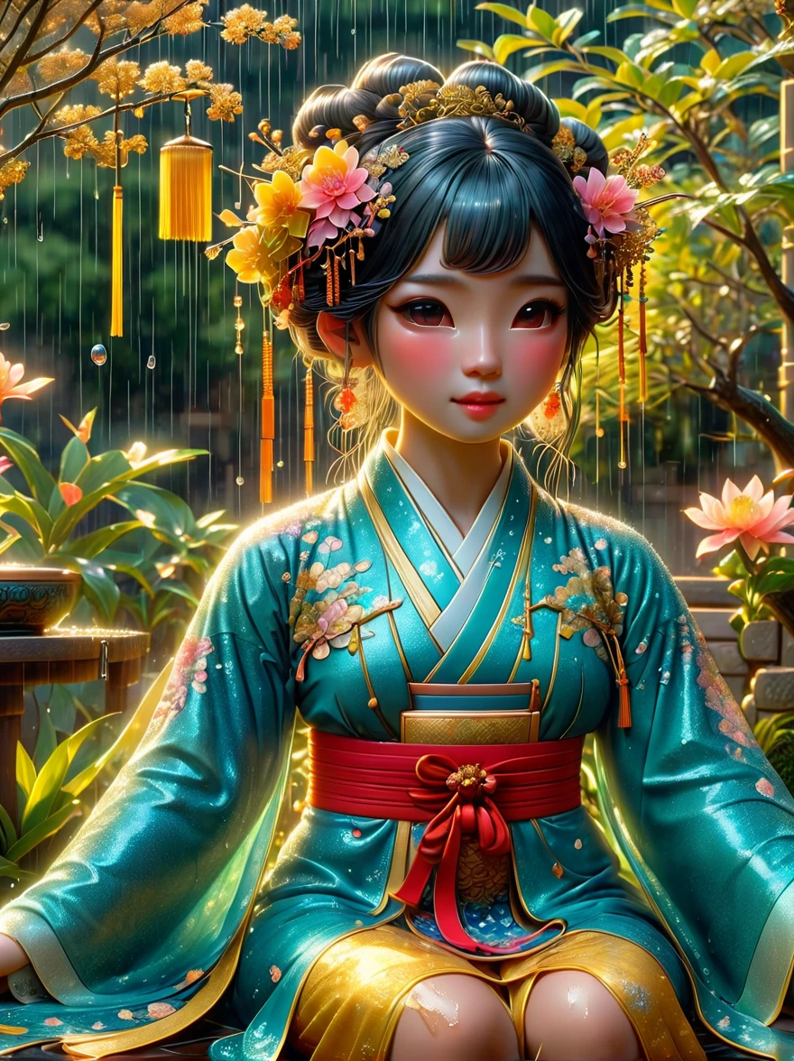 Depicts a scene of an ancient Chinese general and his beautiful concubine standing by a river，((Both of them had tears on their faces))，reflect a deep sadness。((The general put his sword on his neck))，Symbolizes moments of despair，The princess was crying beside him。这一令人心酸的场景以倾盆大雨为background，Emphasizing the extent of their tragedy and the emotional depth of their farewells。background、Both traditional Chinese costumes and emotional expressions should help vividly depict their tears streaming down their faces、heartbreaking moment。