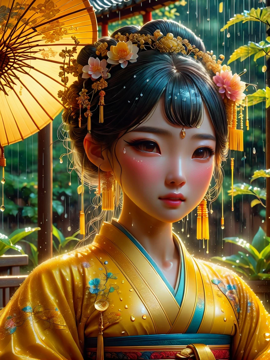 Depicts a scene of an ancient Chinese general and his beautiful concubine standing by a river，((Both of them had tears on their faces))，reflect a deep sadness。((The general put his sword on his neck))，Symbolizes moments of despair，The princess was crying beside him。这一令人心酸的场景以倾盆大雨为background，Emphasizing the extent of their tragedy and the emotional depth of their farewells。background、Both traditional Chinese costumes and emotional expressions should help vividly depict their tears streaming down their faces、heartbreaking moment。